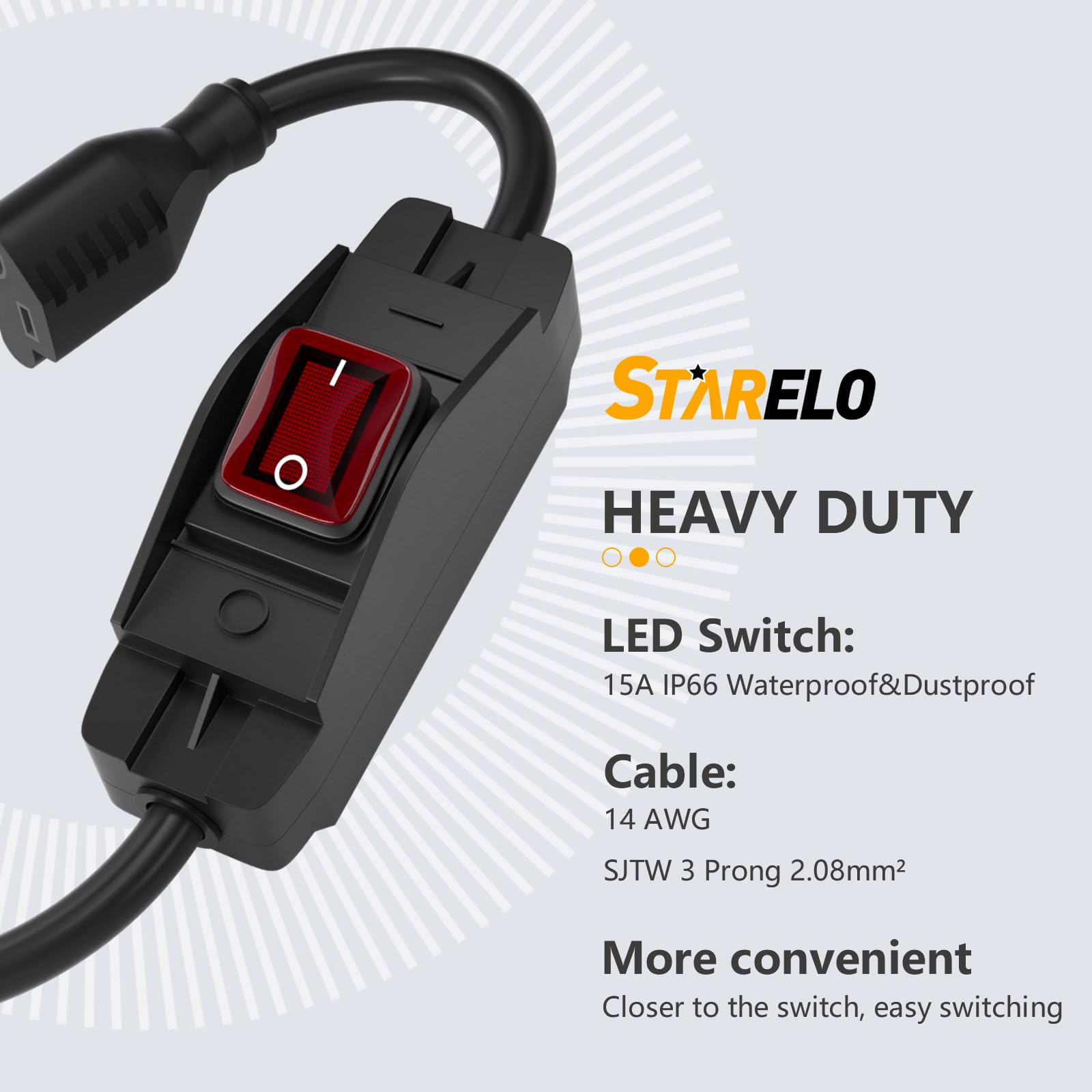 Starelo Extension Cord Near Waterproof Switch 3 Prong Outdoor 1875W Black Heavy Duty Extension Cord, 14/3 Sjt Extension Cord,Con