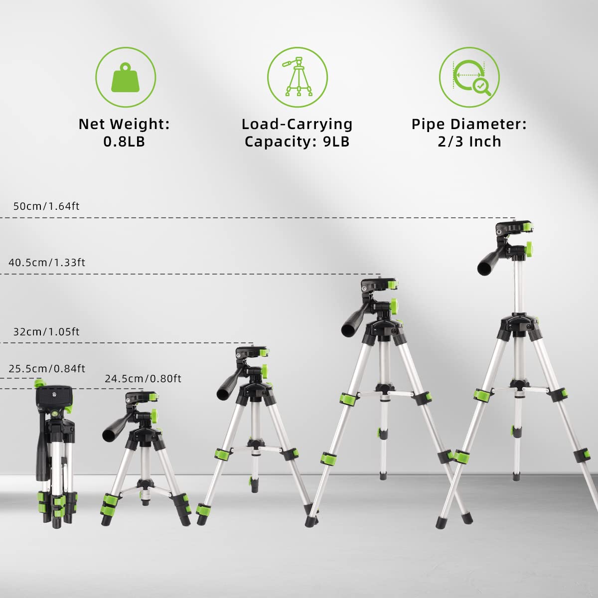 Huepar Tpd05 19.7' Lightweight Aluminum Tripod Mini Portable Adjustable Tripod For Laser Level And Camera, With 3 Way Flexible Pan Head And Bubble Level, Quick Release Plate With 1/4' 20 Screw Mount