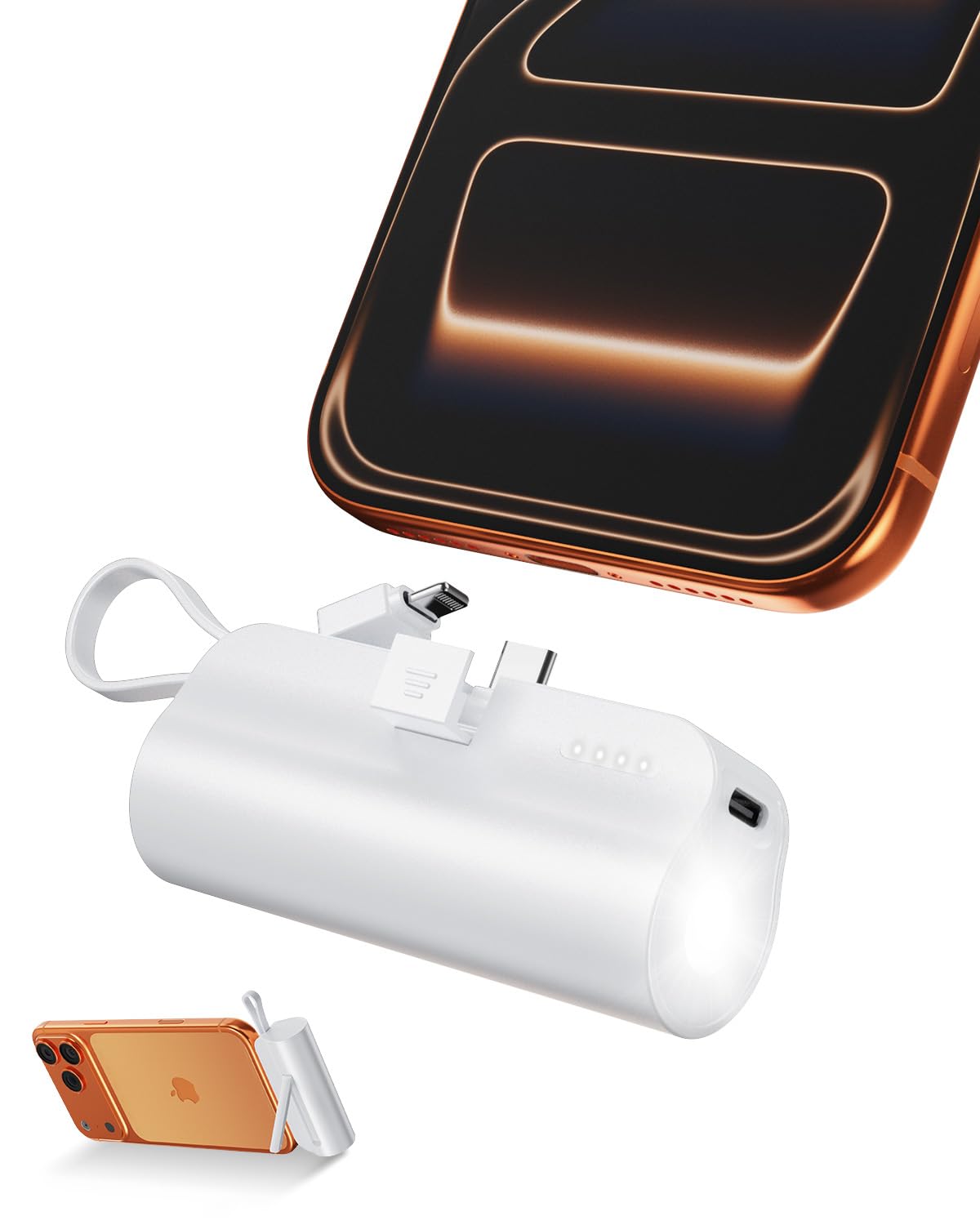5000mAh Mini Portable Charger with Built-in Type C Connector & Cables,5V 2.4A USB-C Small Power Bank,2 Output Flashlight Externa