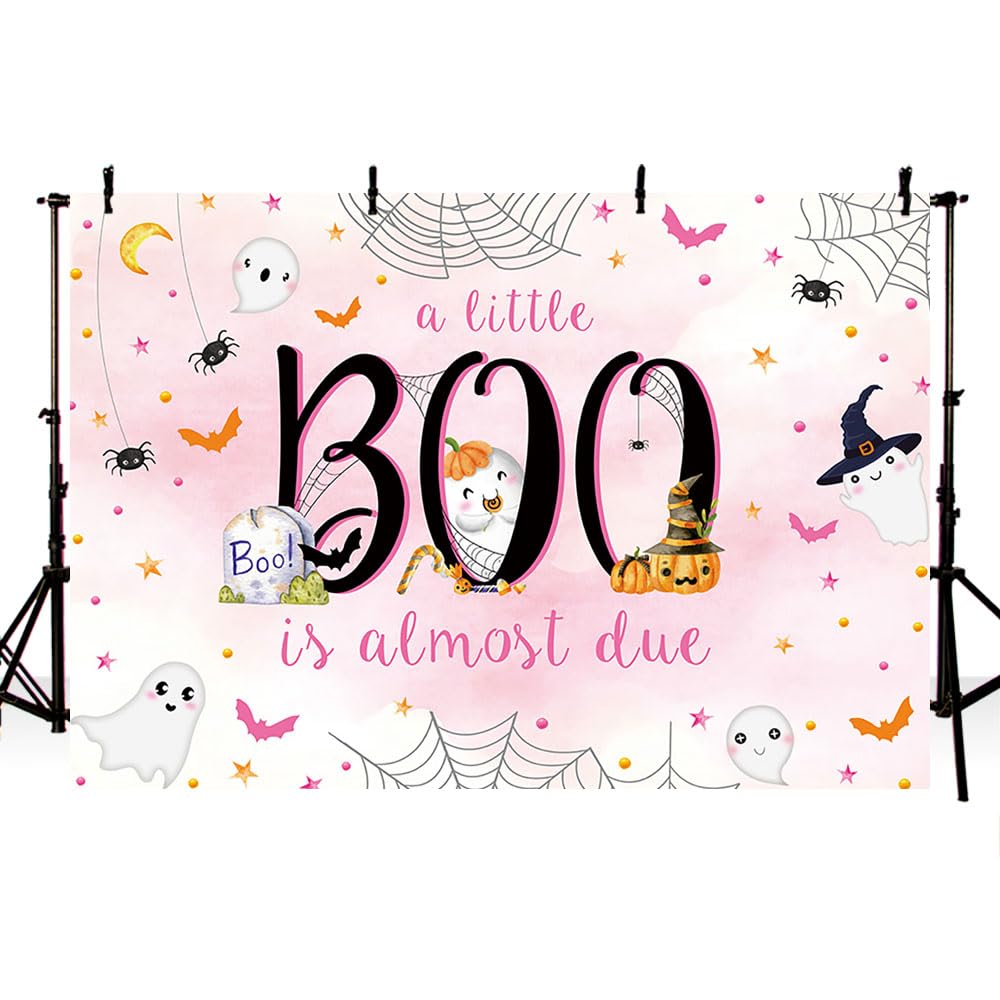 Mehofond 7X5Ft Halloween Baby Shower Backdrop A Little Boo Is Almost Due Pink Watercolor For Girls Background With Spider Web Ba