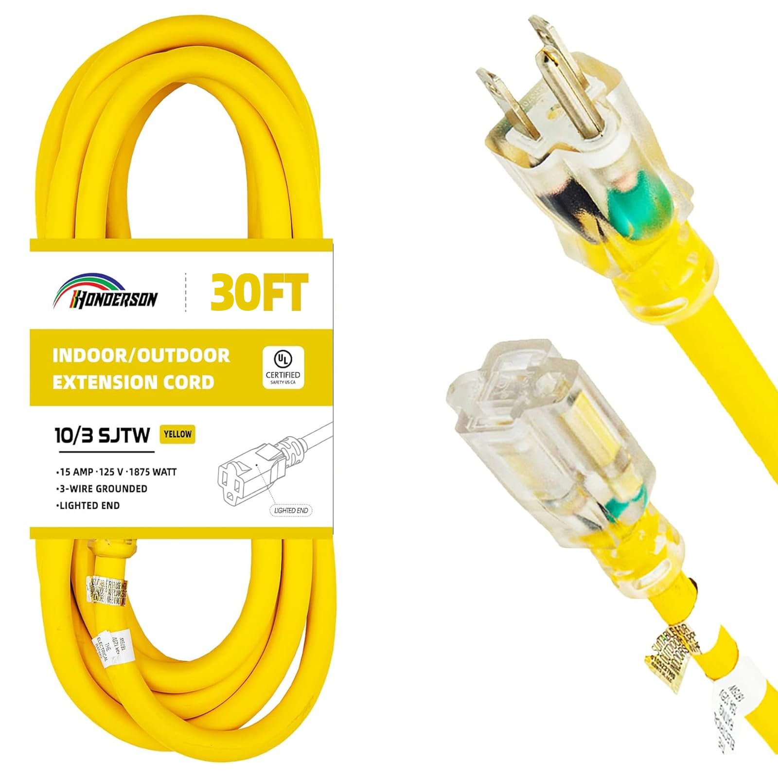 Honderson Indoor Outdoor Extension Cord Weatherproof With Lighted End, Ul Listed, 10 Gauge 30Ft Yellow 3 Prong Heavy Duty Extens