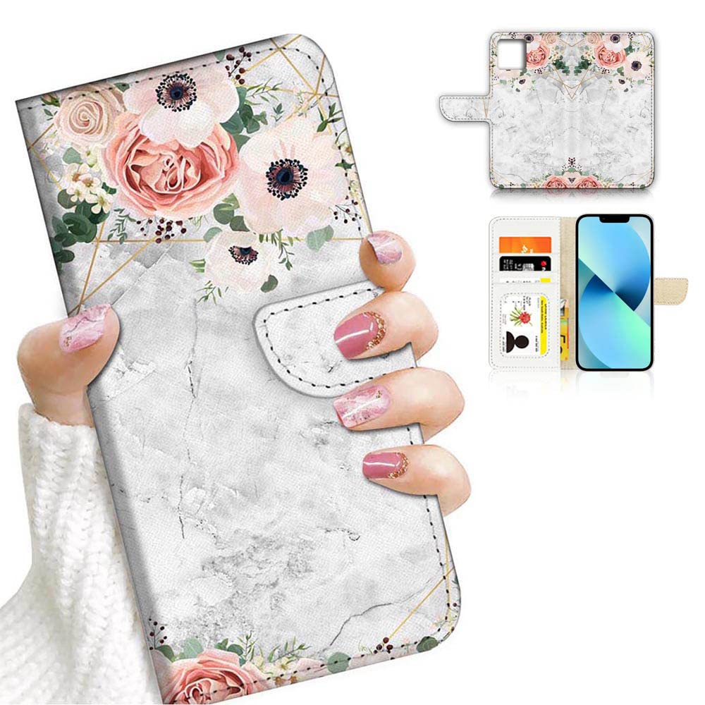 Ajourtek For Iphone 13 Art Designed Flip Wallet Style Cover Case Fancy Flower Full Body Protection Ad003 (#24880 White Marble Fl