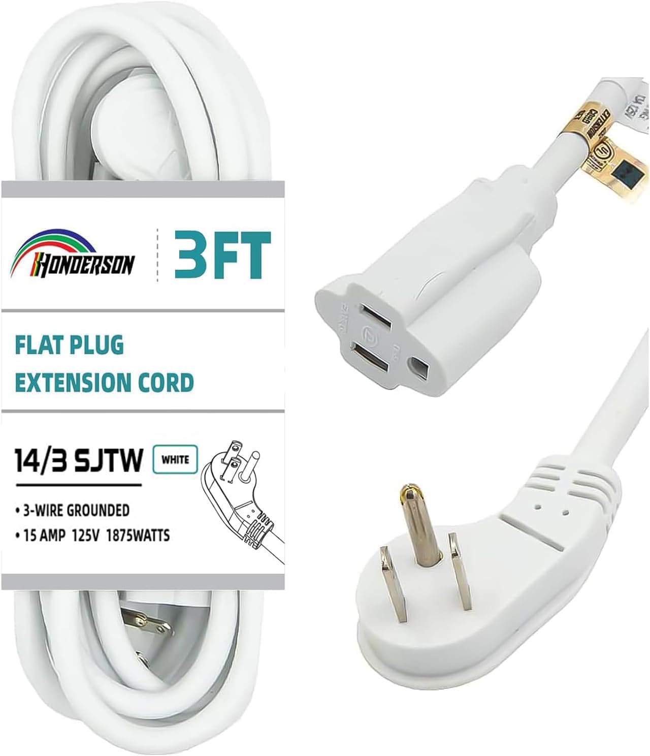Honderson Flat Plug Indoor Extension Cord, Ul Listed, 14 Gauge 3Ft White 3 Prong Heavy Duty Extension Cord, 14/3 Sjtw 15A Power