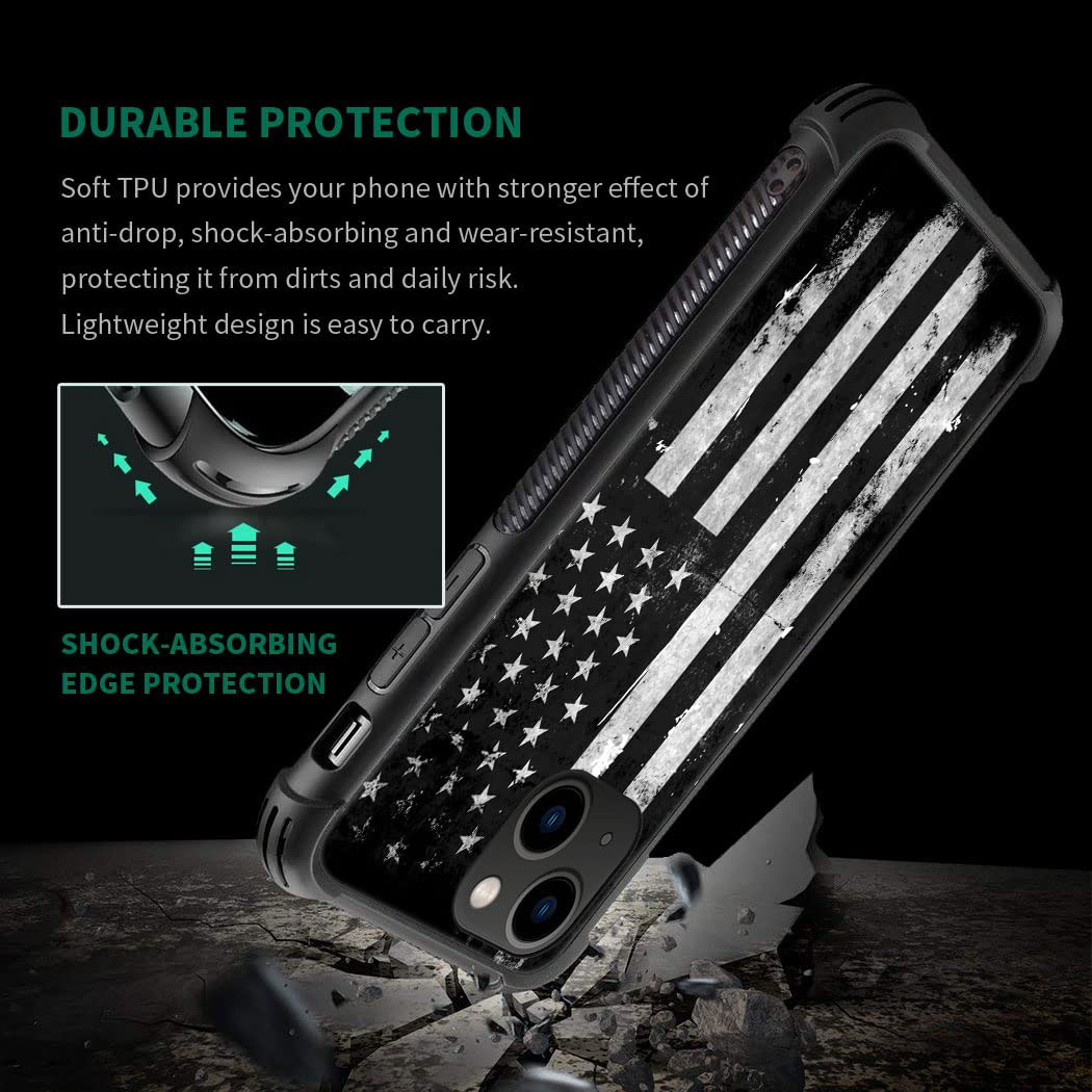 ZHEGAILIAN iPhone 14 Plus Case Tempered Glass Back Soft TPU Shock Protective Black White Grunge American Flag 6.7-inch