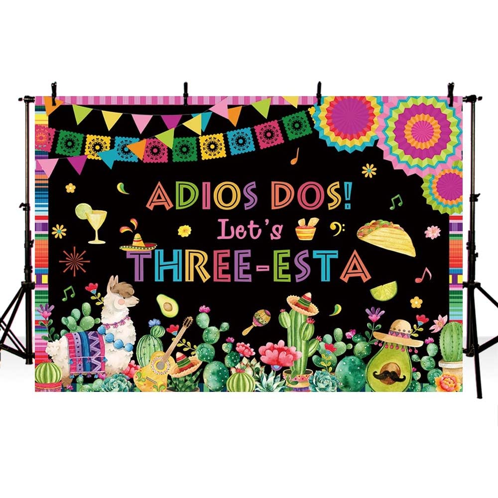 Aibiin 7X5Ft Mexican Third Birthday Backdrop Fiesta Three-Esta Happy Birthday Party Decoration Mexican Fiesta Cactus 3Rd Birthda