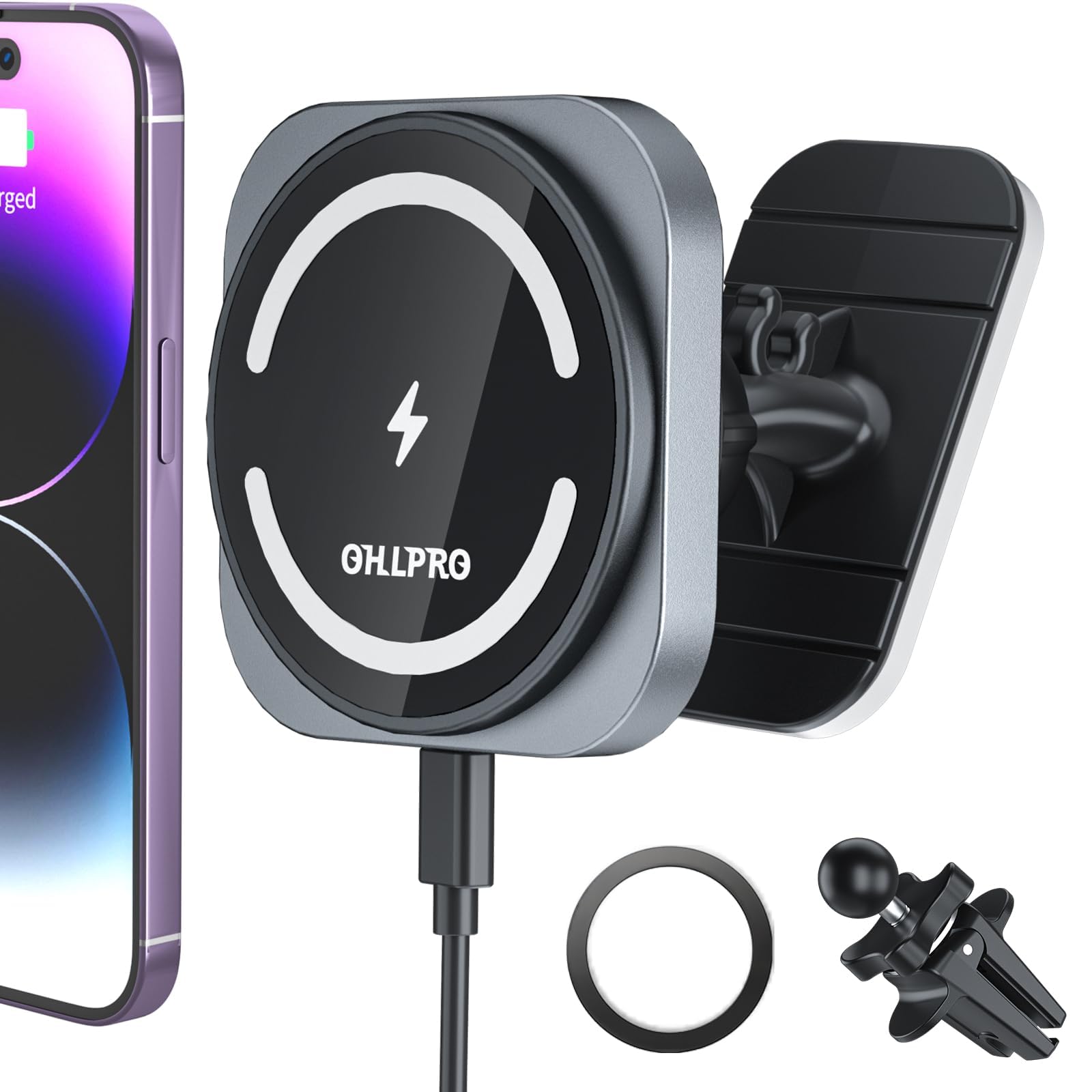 Ohlpro For Magsafe Car Mount Charger, 15W Fast Charging Car Magnetic Phone Holder For Dashboard And Air Vent, Compatible With Ip