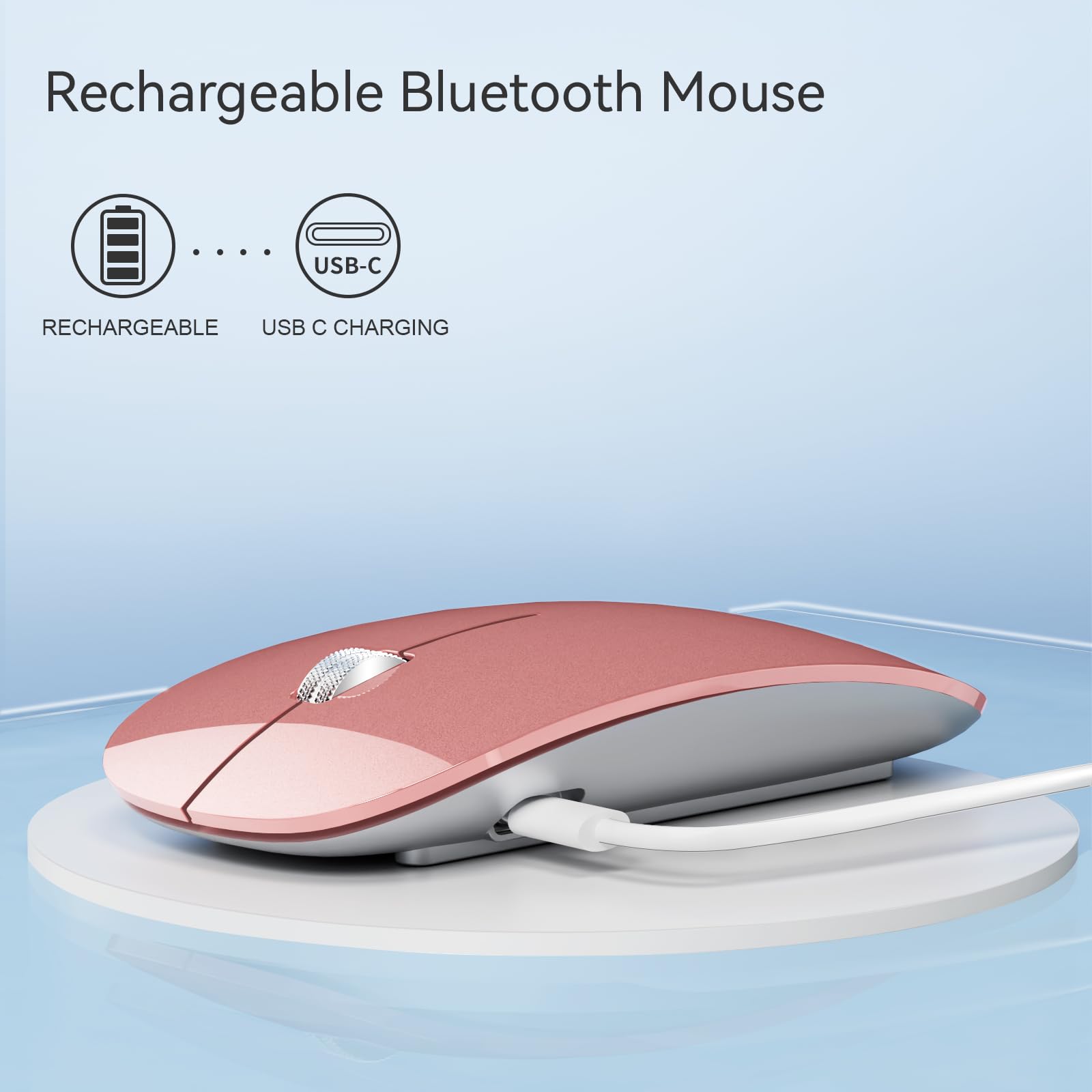 Tenmos M18 Bluetooth Mouse, Usb C Rechargeable Wireless Mouse, Triple Mode (Dual Bluetooth+Usb) Computer Silent Mice Portable With Usb Receiver Type C Adapter For Laptop/Macbook/Ipad/Pc  Rose Gold