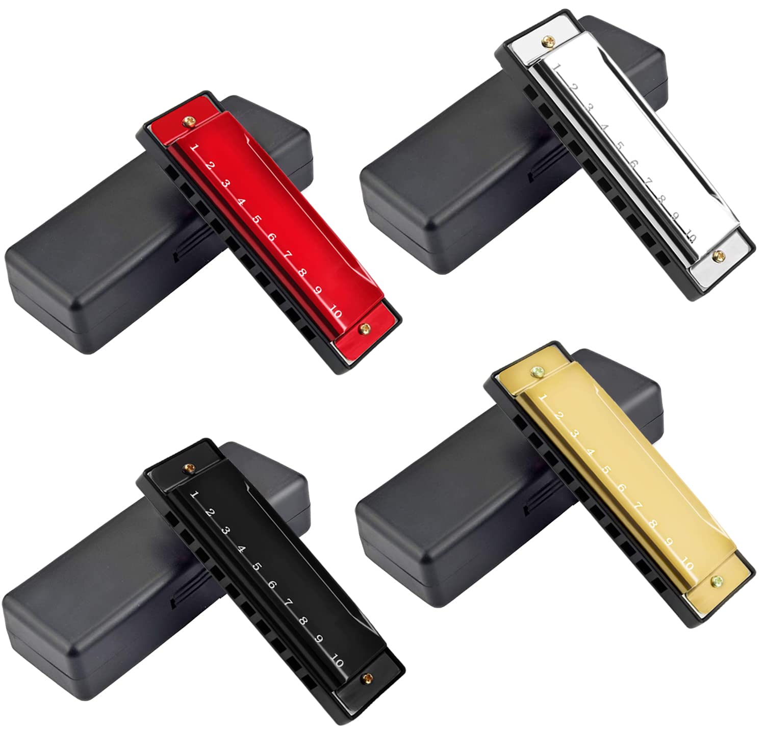 UPINS 4PCS Key of C 10 Hole 10 Tones Titanium Color Harmonica with Case for Beginner(Gold, Silvery, Black, Red)