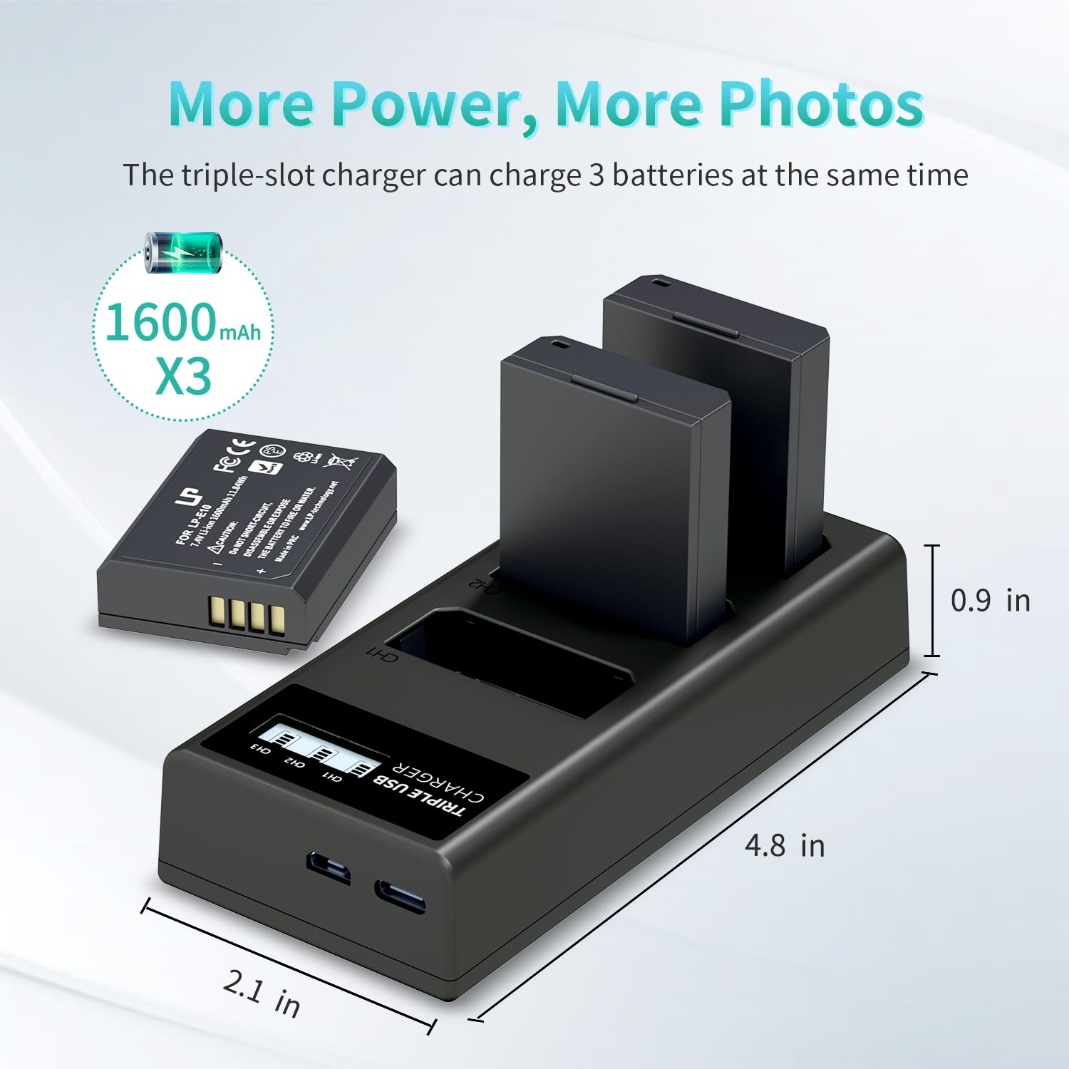Lp Lp E10 Battery Charger Pack, 3 Pack 1600Mah Replacement Battery, Triple Slot Charger, Usb Battery Charger For Canon Eos Rebel