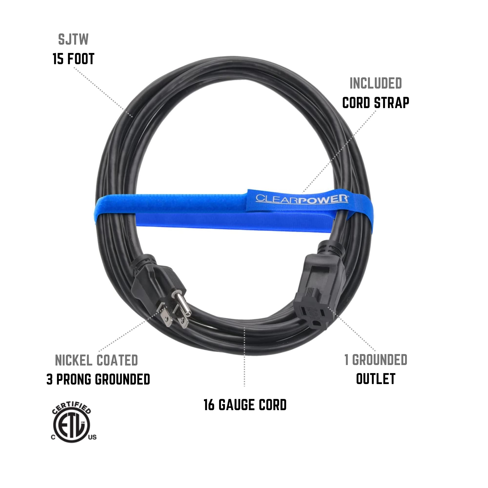Clear Power 15 Ft Indoor/Outdoor Extension Cord 16/3 Sjtw, Black, Water & Weather Resistant, Flame Retardant, 3 Prong Grounded Plug, Cp10123