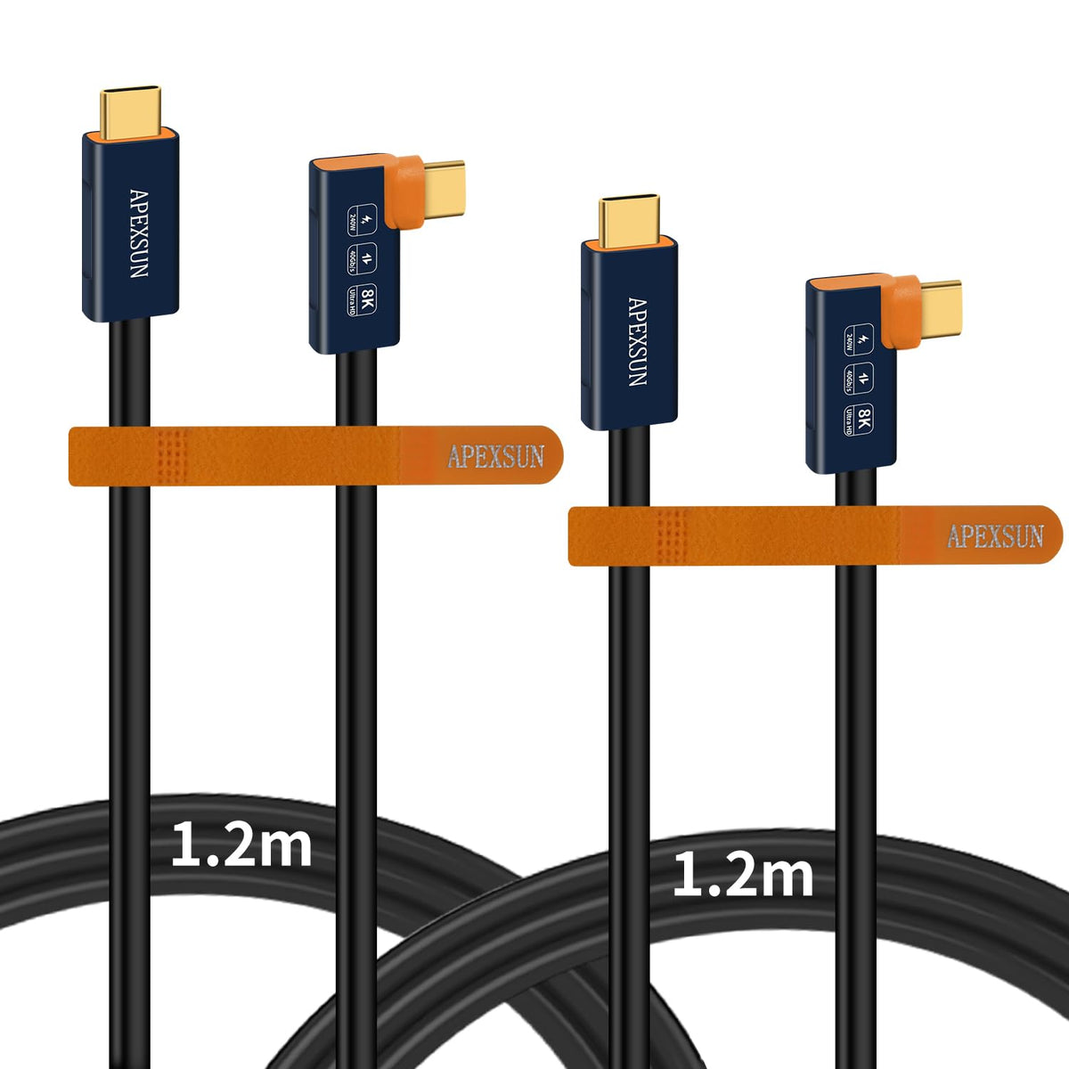 Apexsun [2 Pack Elbow M/M Coaxial 4.0Ft Usb C Cable,Usb C To Usb C Cable Support Thunderbolt 4/3,Usb4,240W Charging,8K Display,40Gbps Data Transfer For Ssd, Egpu,Docking,Macbook,Pad, Phone