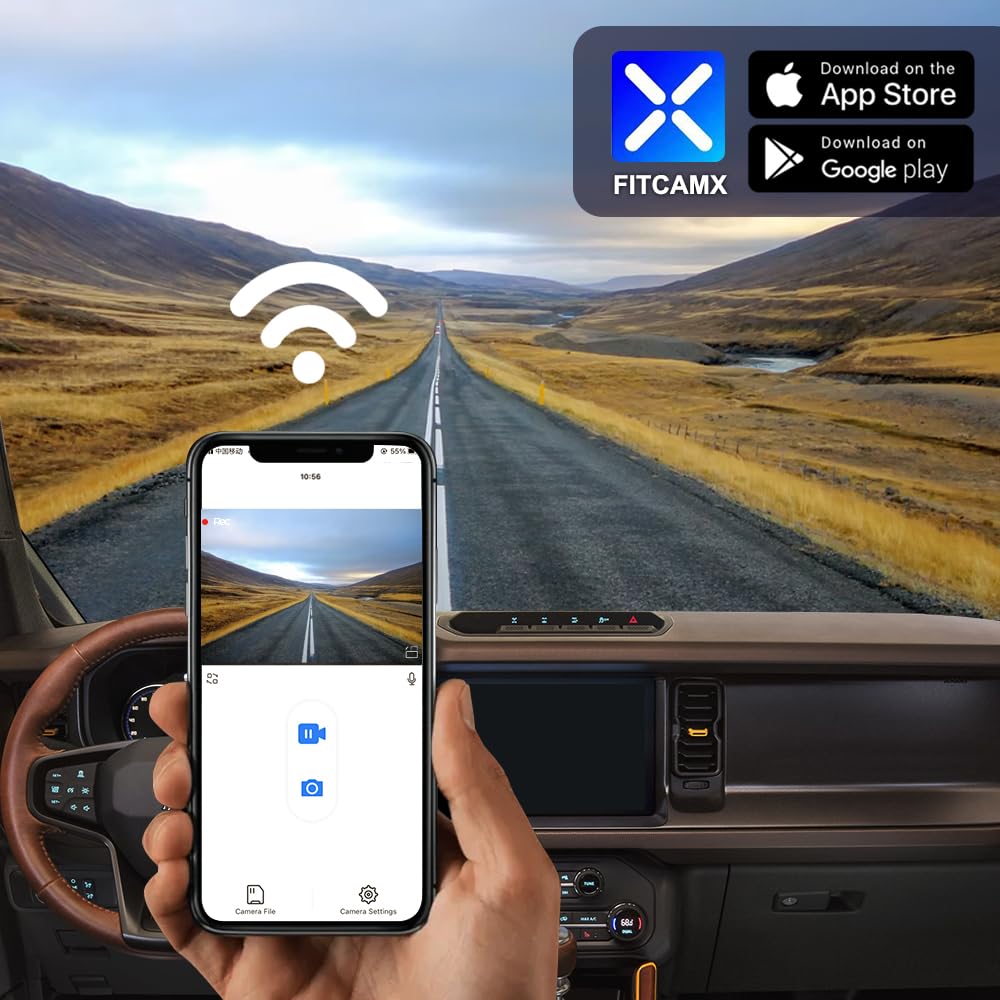 Fitcamx Front 4K+Rear 1080P Dash Cam For 2021 2024 Ford Bronco Base 2 Door 4 Door Big Bend Black Diamond & Rapor 2022 2024 (Gen6