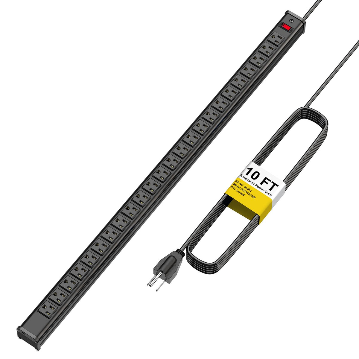 24 Outlet Long Power Strip, Heavy Duty Metal Power Strip With 10 Ft Long Extension Power Cord For Cabinet, Industrial, Commercia