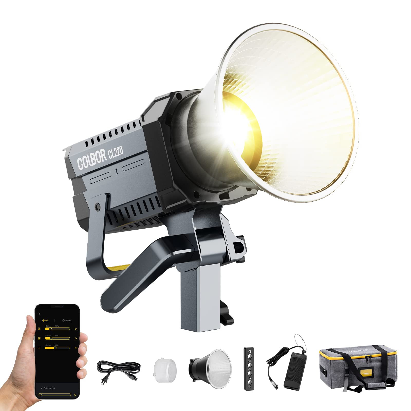 Video Light, Colbor Cl220 220W Continuous Lighting 2700 6500K Bi Color Cri96+ 52,700Lux At 3.3Ft Cob Studio Light With Bowens Mo