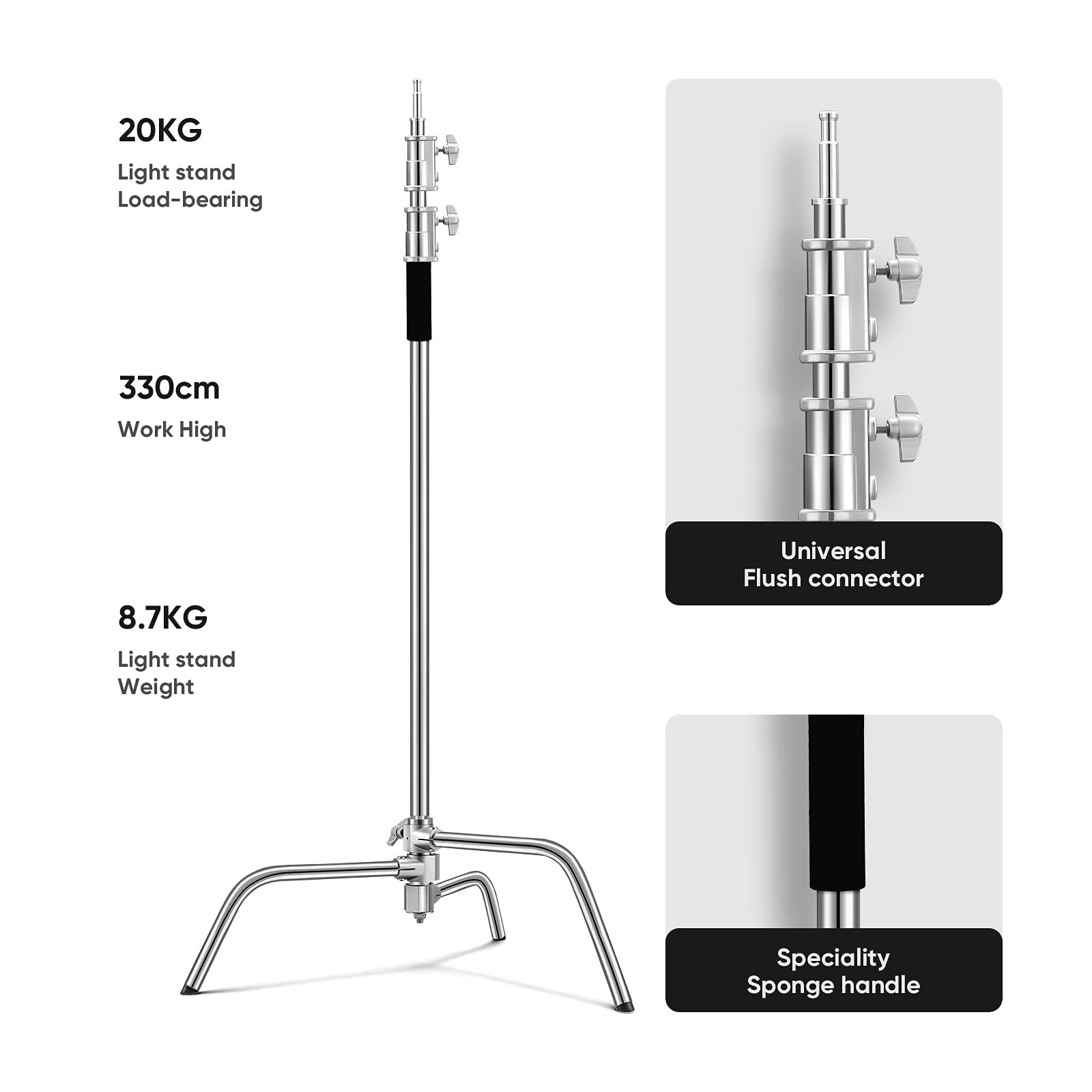 Heavy Duty C Stand 10.8Ft/330Cm With Holding Arm Carry Bag Sandbag 3*Clip 2*Grip Head Stainless Steel Photography Light Stand C