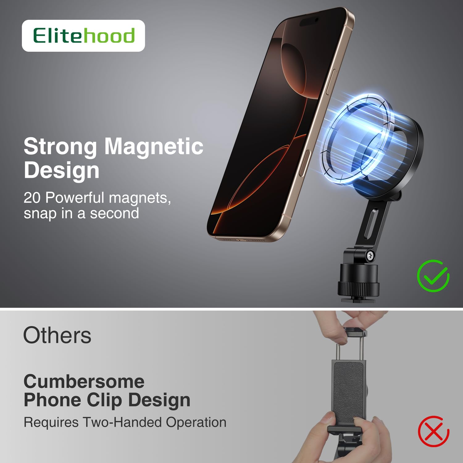 Elitehood Magnetic Magsafe Tripod Phone Mount Holder, Foldable Phone Holder For Tripod Attachment With 1/4    Screw & Cold Shoe,