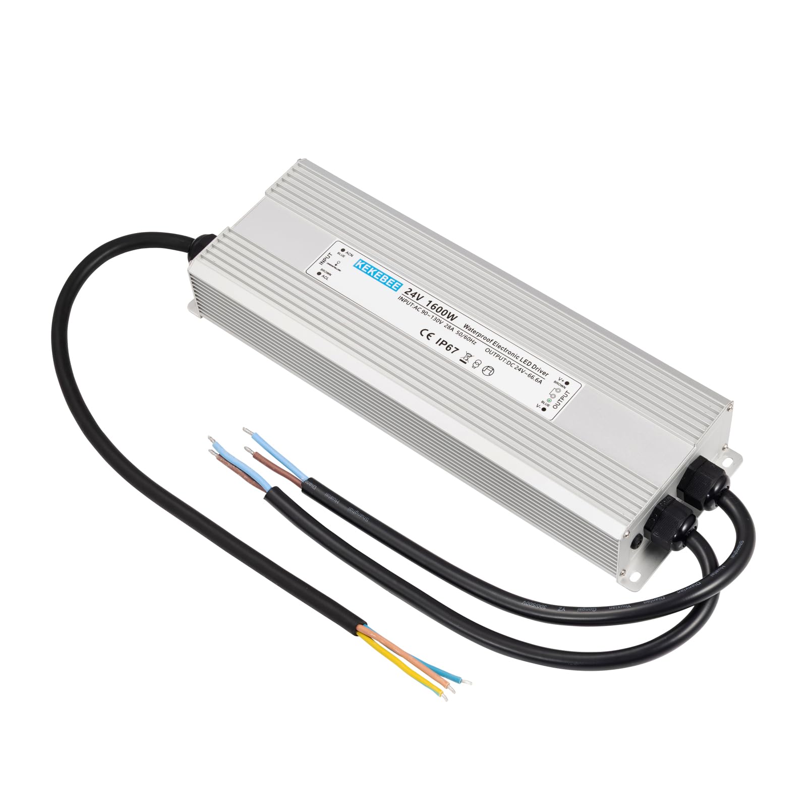 KEKEBEE LED Driver 24V1600W Waterproof Power Supply AC 90-130V to DC 24V66.6A Waterproof Switching Power Supply IP67 Transformer