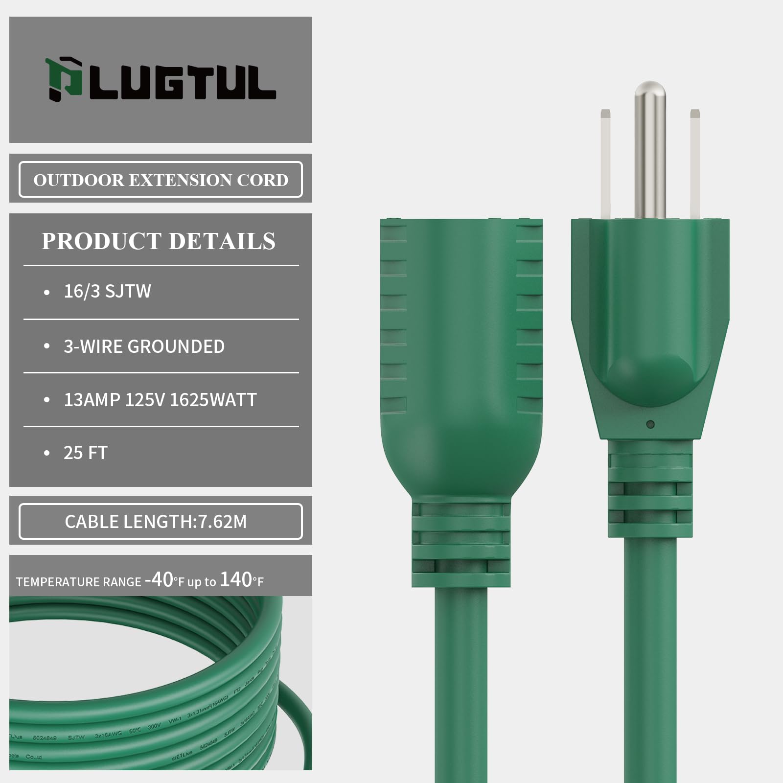 Plugtul 25 Ft Outdoor Extension Cord Waterproof, 16/3 Green Heavy Duty 3 Prong Extension Cord, 13A 1625W Sjtw, Etl Listed, Great