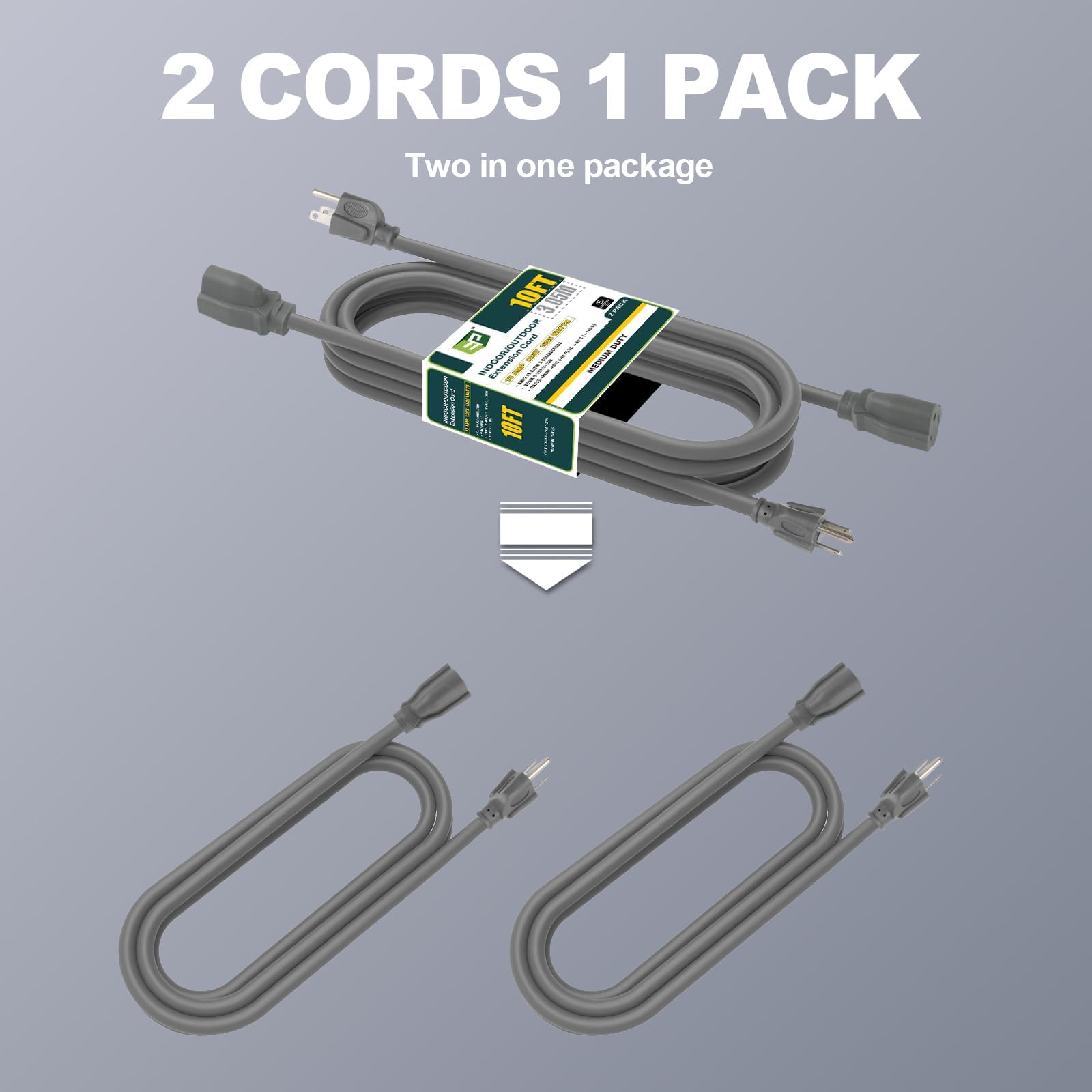 Ep 2 Pack 10 Ft Outdoor Extension Cord, 16/3 Sjtw Heavy Duty Power Cord, 3 Prong Grounded Plug, Waterproof, Cold Resistant, 13A