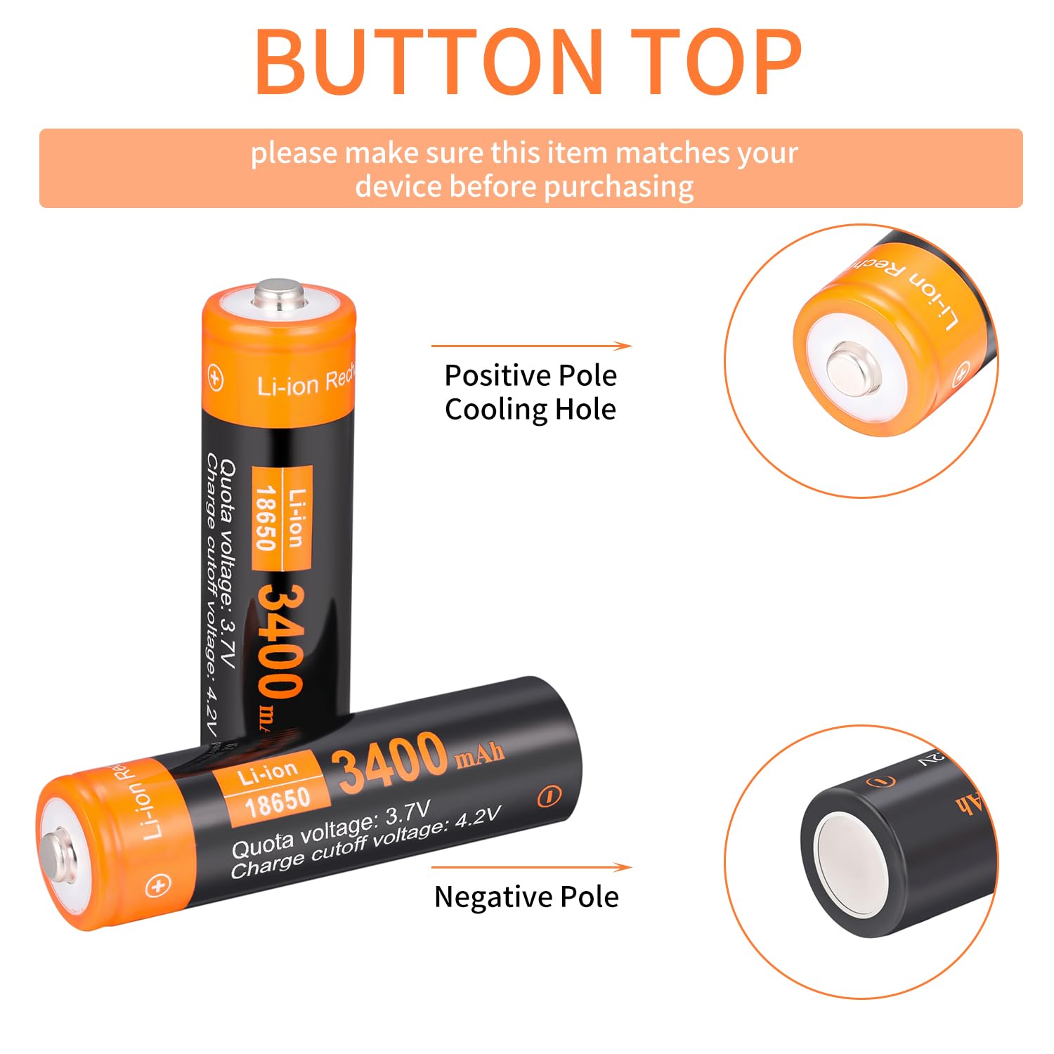Ecosolutions 18650 Rechargeable Battery (Button Top) 3.7V 3400Mah Large Capacity Batteries For Led Flashlight, Headlamp, Doorbel