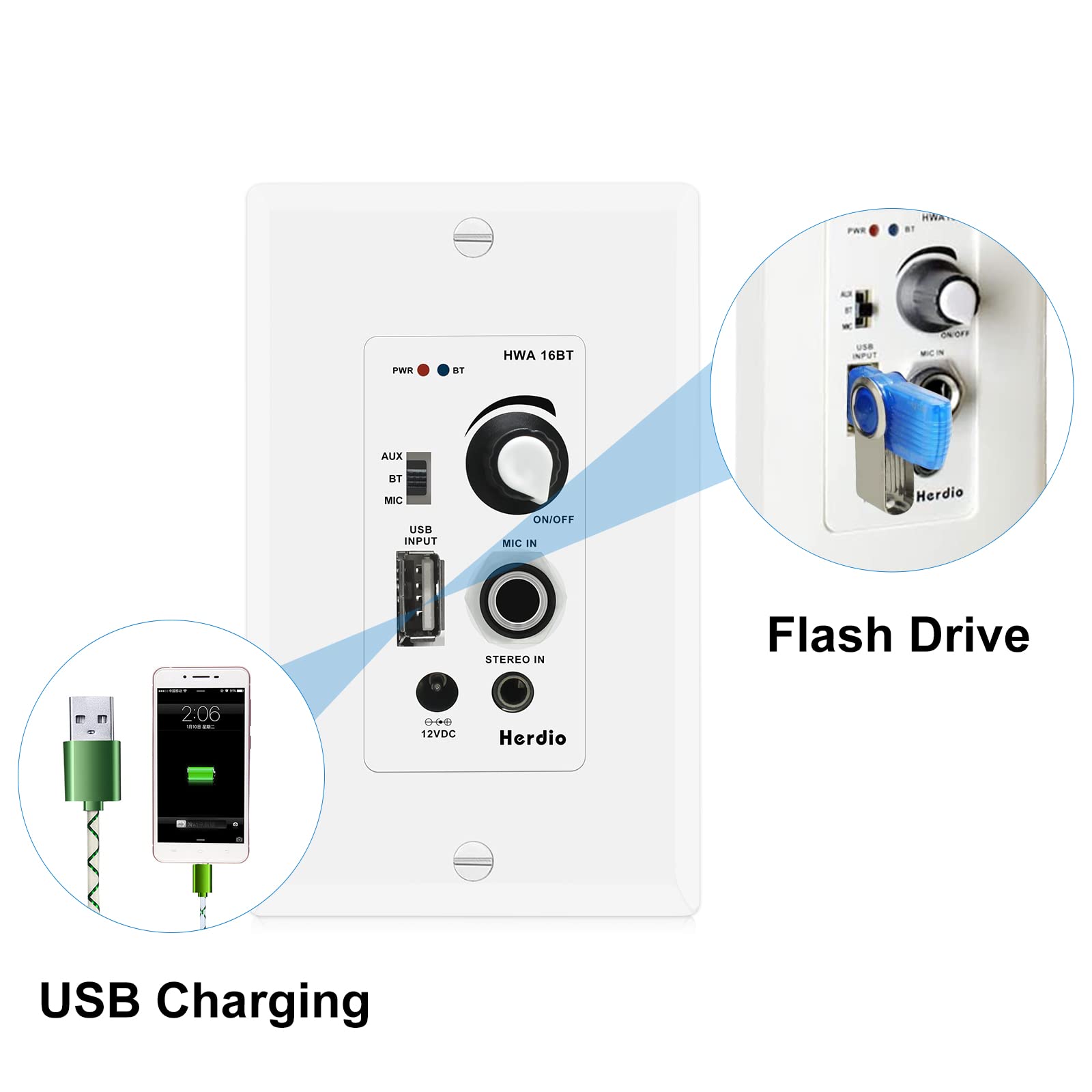 Herdio Home Audio Package In Wall Bluetooth Amplifier Volume Control Receiver Wall Plate With 6.5 Inch 640W Ceiling Speakers(2 P