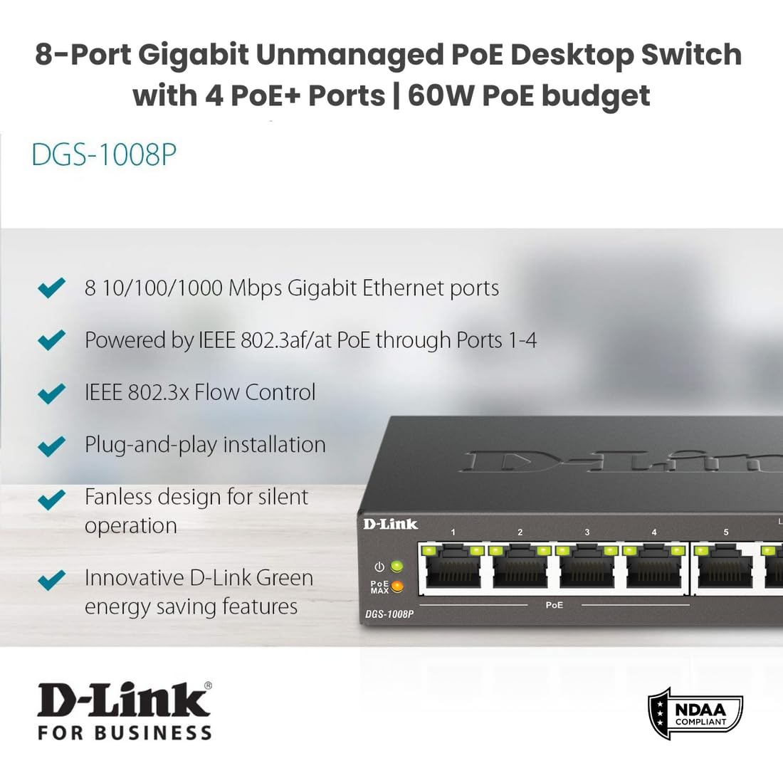 D Link Poe Switch, 8 Port Ethernet Gigabit Unmanaged Desktop Switch With 4 Poe Ports 68W Budget (Dgs 1008P),Black