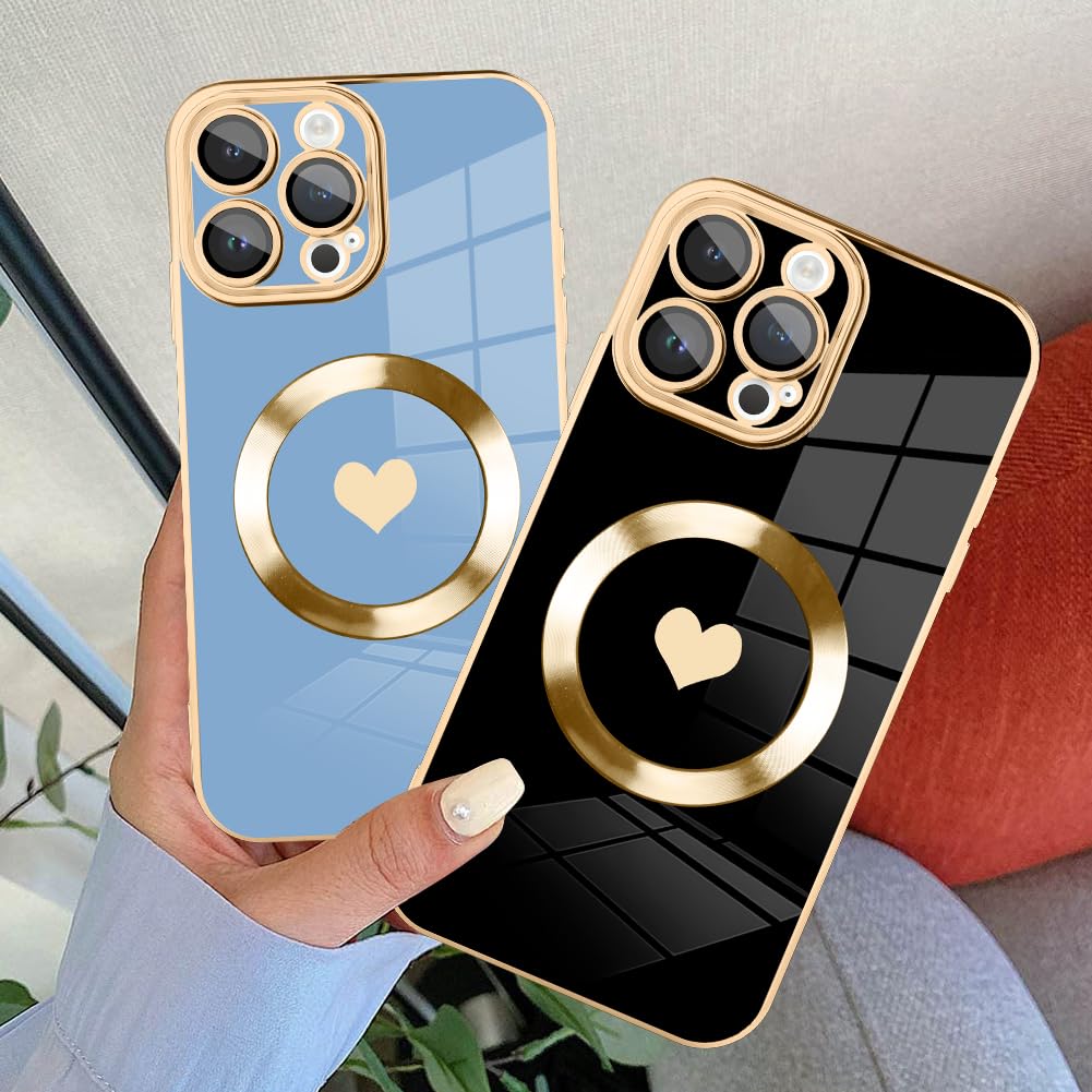 Tharlet Magnetic Shockproof For Iphone 13 Pro Case [Compatible With Magsafe] Cute Love Luxury Plating Edge Bumper Case With Full