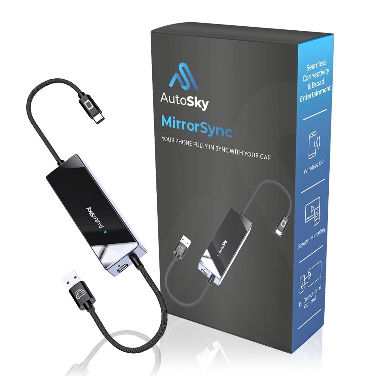 AutoSky Mirror Sync AMS-1 | Wireless CarPlay Adapter & Smartphone Screen Mirroring Device | USB-A & USB-C | Converts Wired CarPl