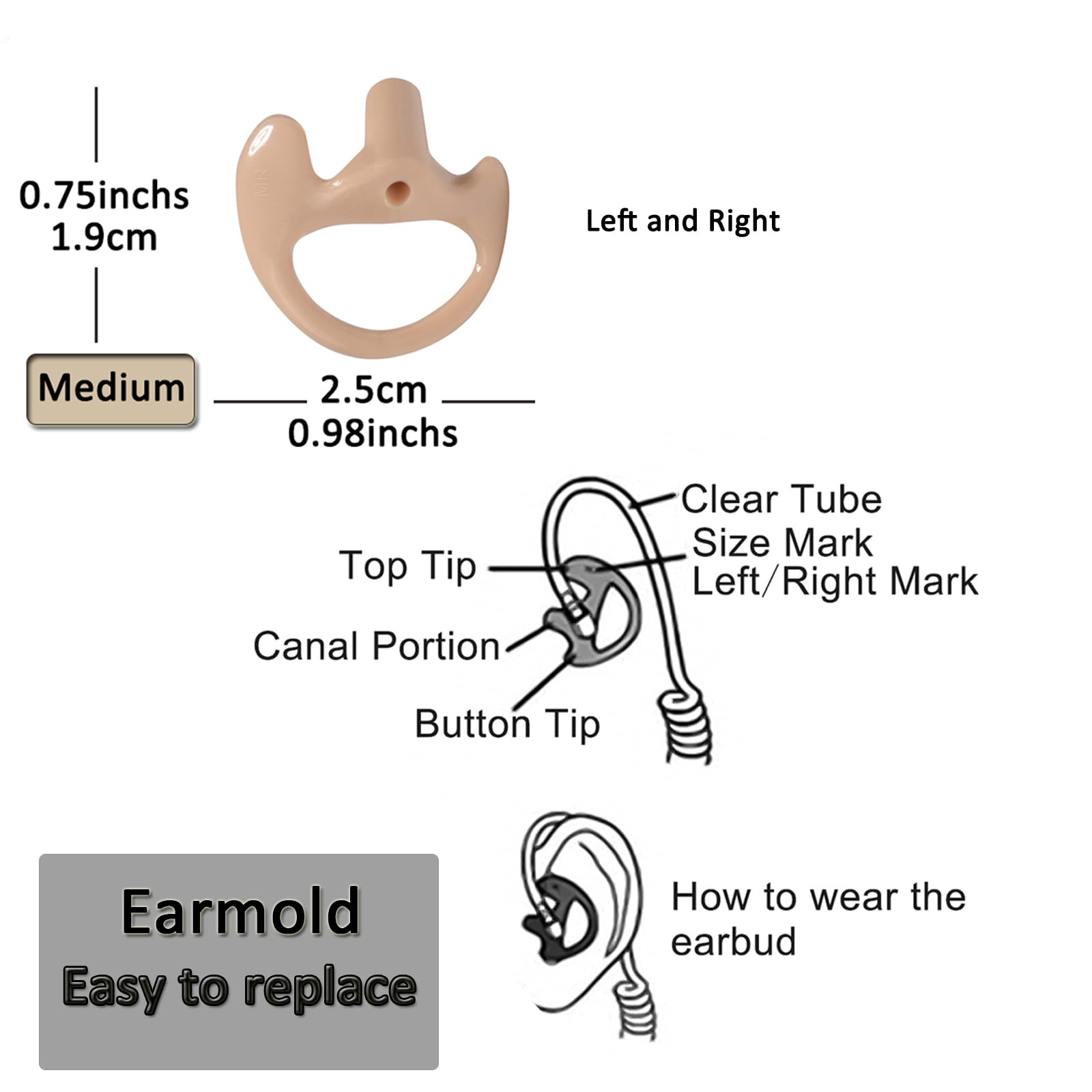 Hys Soft Flexible Open Ear Insert Ear Buds Medium Earmold Replacement Ear Pieces/Ear Tip For Clear Acoustic Coil Tube Earbud Audio Kit Earpiece Headset, 3Pair Left And Right Earmold