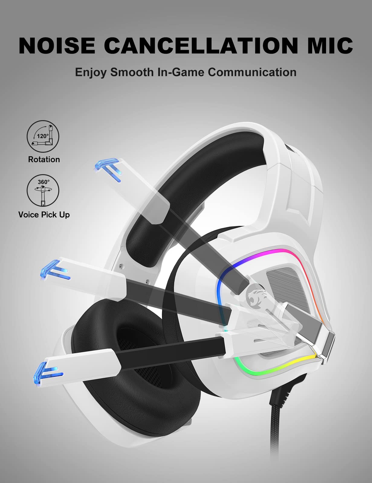 Ziumier White Gaming Headset For Pc, Ps4, Ps5, Xbox One, Xbox Series S/X, Switch, Noise Canceling Microphone, Stereo Surround So