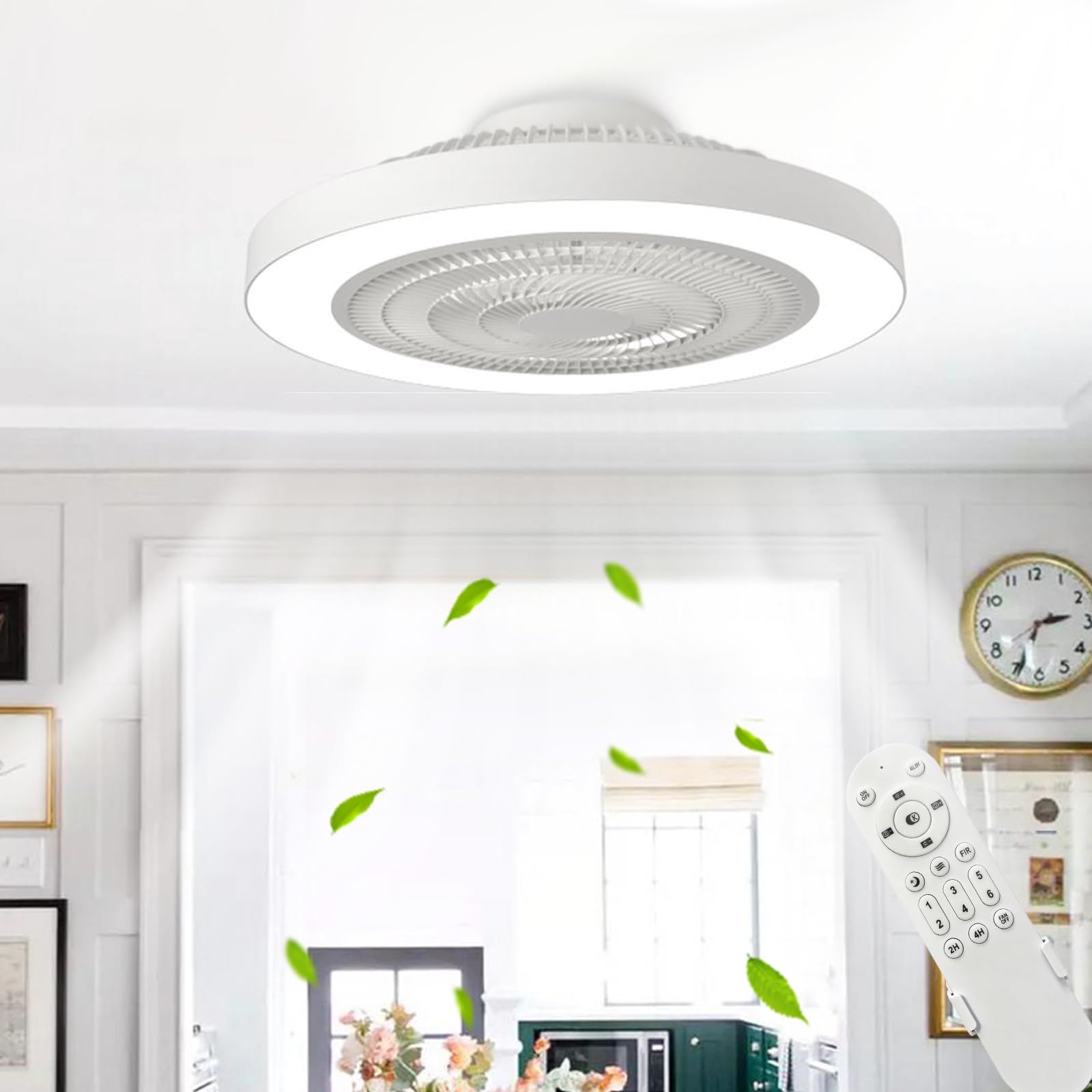 Letmarey Flush Mount Ceiling Fan with LED Light and Remote, 19 Low Profile 6 Speeds Bladeless Dimmable Ceiling Fans Light, for L