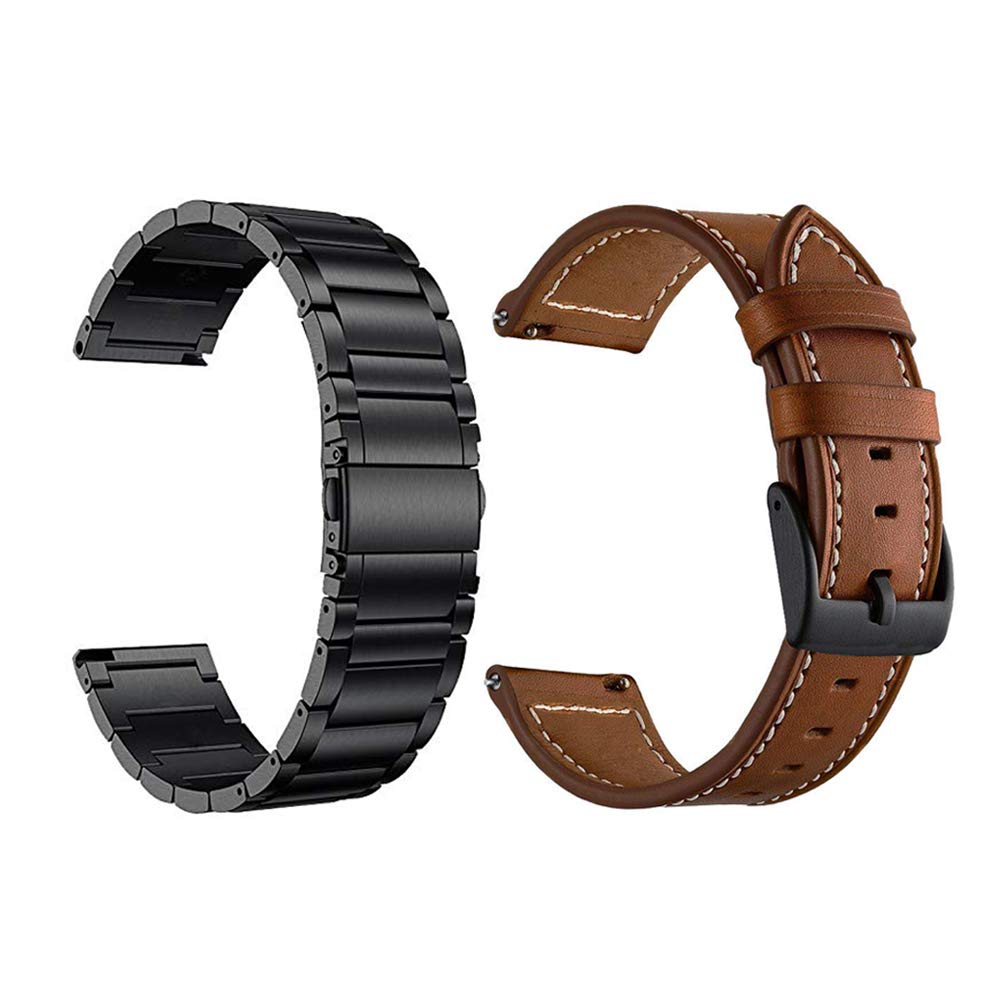 Yeejok Galaxy Watch 3 45Mm Bands For Men Women, 22Mm Black Metal & Brown Genuine Leather Watch Strap Replacement Compatible For
