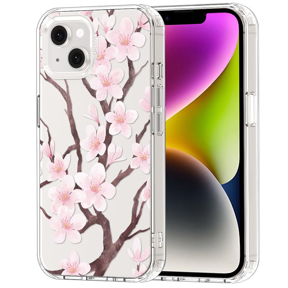 MOSNOVO for iPhone 13/14 Case | Military Grade 6.6ft Drop Tested | Clear with Cherry Blossom Floral Design