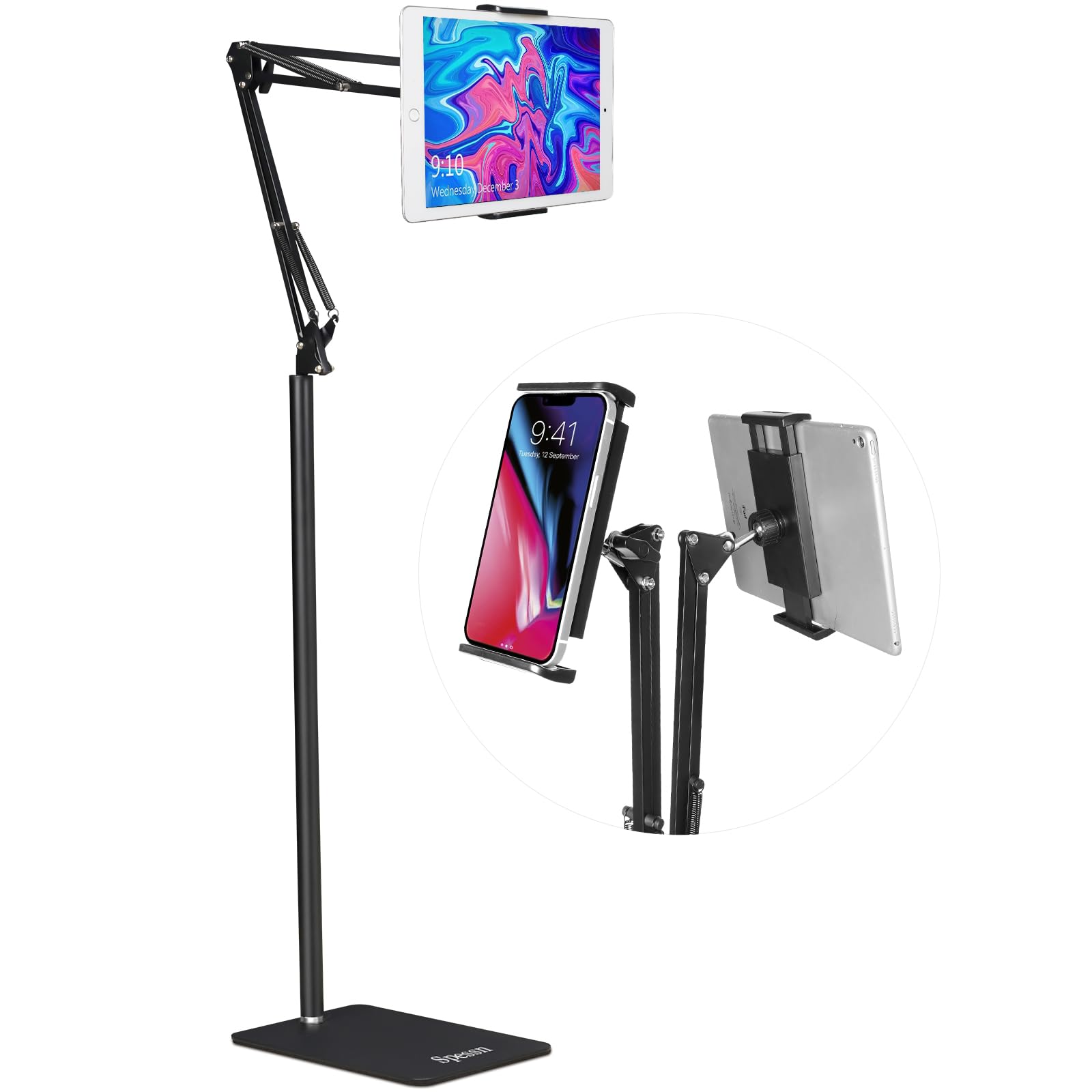 Spessn Adjustable Floor Stand Universal 360 Degree Rotatable Metal Tablet Holder Compatible Samsung Galaxy Tab And Phones(Black)