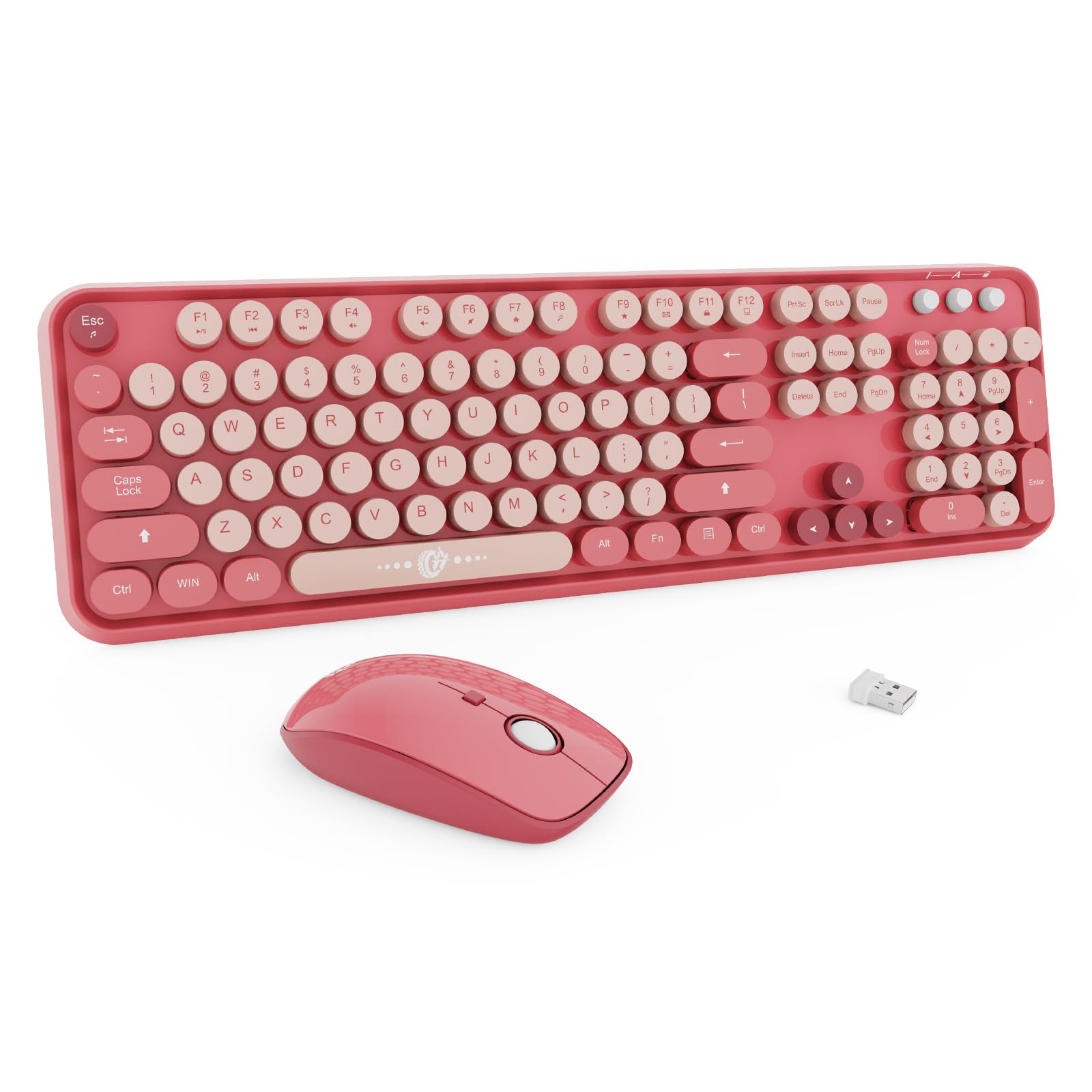 Wireless Keyboard and Mouse Combo, 104 Round Keys Cute Colorful Keyboard and Mouse with Retro Typewriter for PC/Mac/Laptop/Table