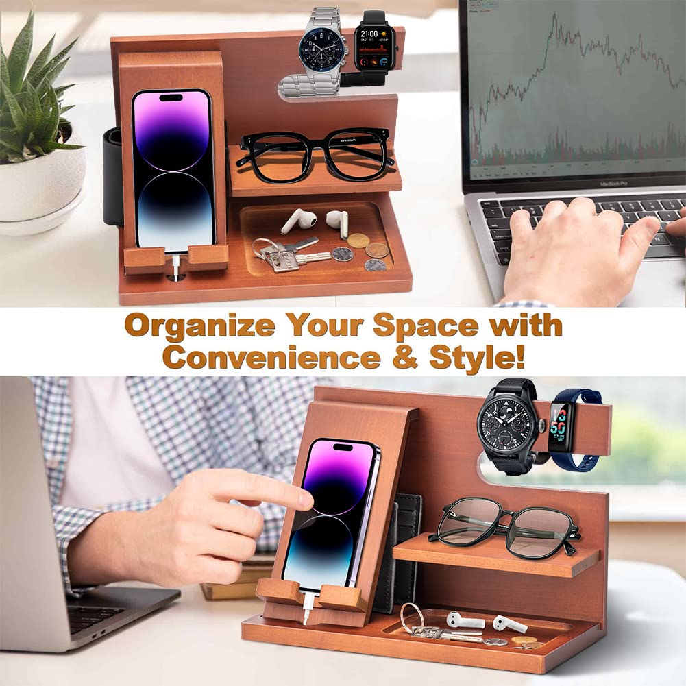 Gifts For Men Dad Husband Boyfriend Wood Phone Docking Station For Dad Gifts Key Wallet Stand Watch Organizer Birthday Gifts For