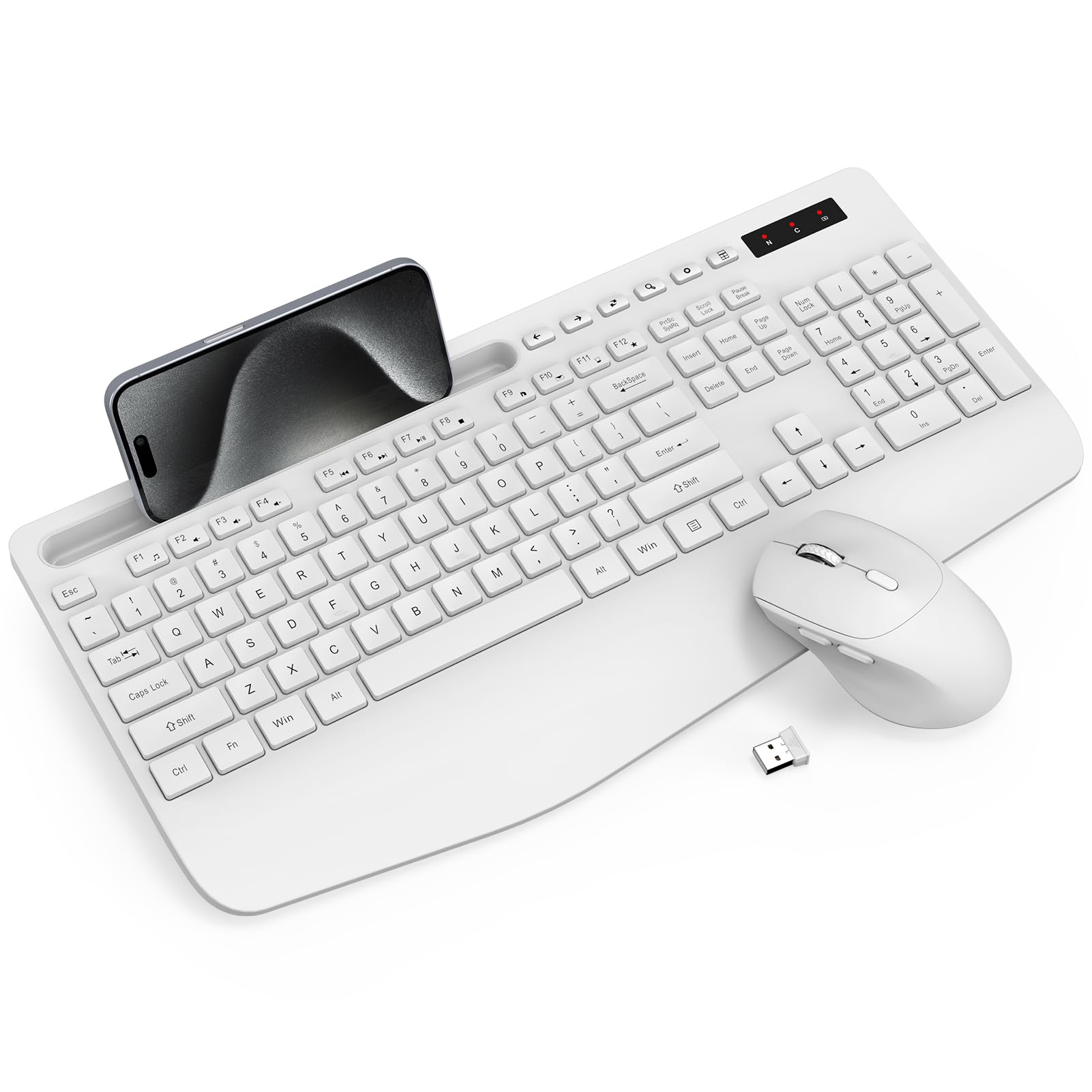Wireless Keyboard And Mouse Combo   Full Sized Ergonomic Keyboard With Wrist Rest, Phone Holder, Sleep Mode, Silent 2.4Ghz Cordl