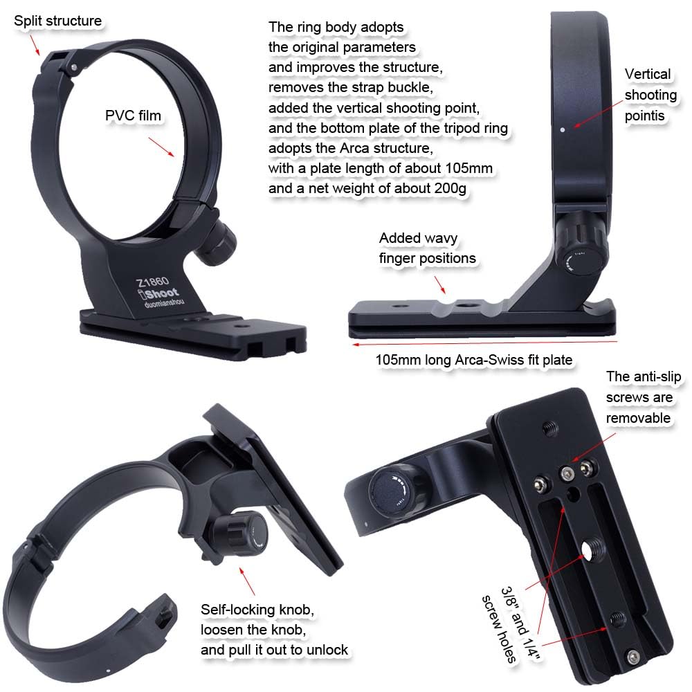 Ishoot Metal Lens Collar Tripod Mount Ring Compatible With Nikon Nikkor Z 180 600Mm F5.6 6.3 Vr, Lens Support Holder Bracket Bot