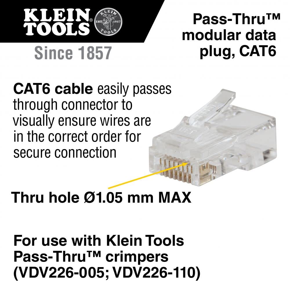 Klein Tools Vdv826 729 Pass Thru Modular Data Plugs, Rj45 Cat6, 10 Pack, Gold Plated, Power Over Ethernet Fcc Ul Rohs Compliant,