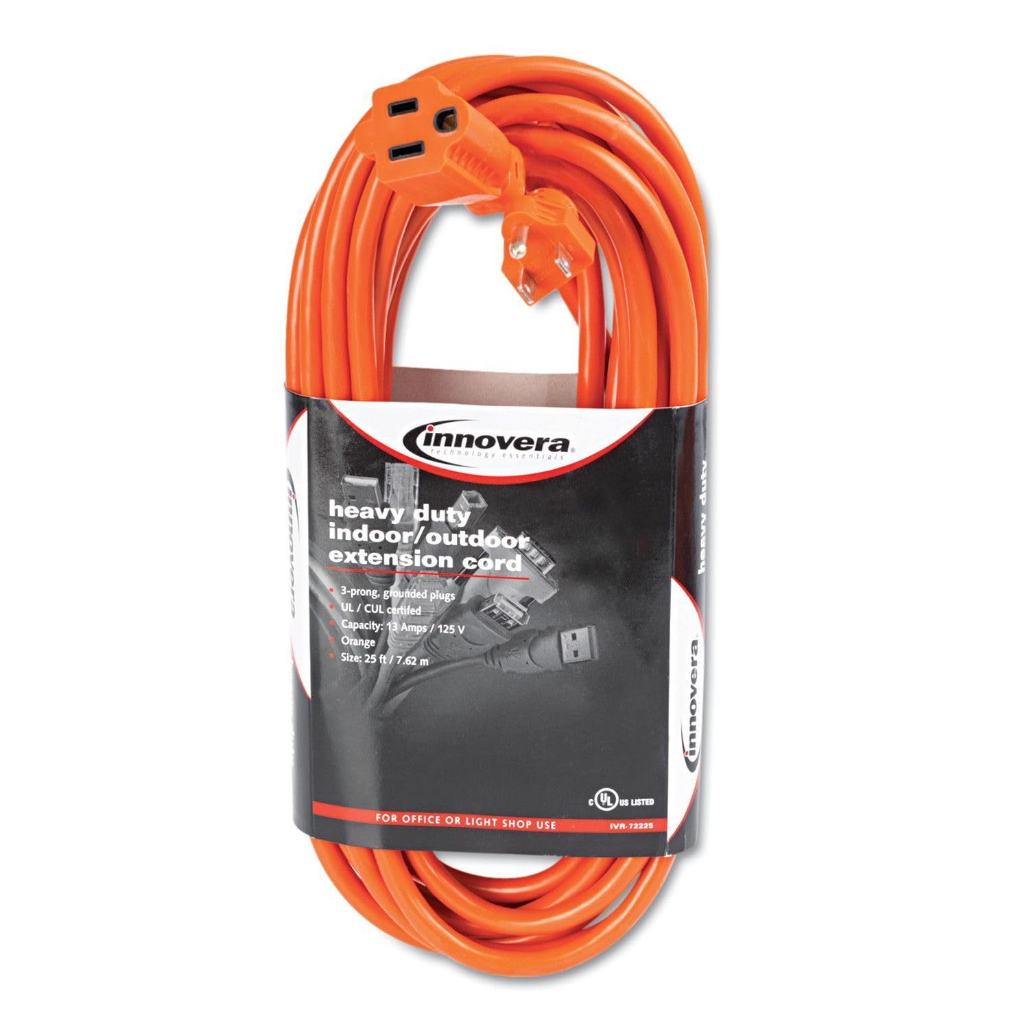 Innovera 72225 Indoor/Outdoor Extension Cord, 25 Feet, Orange