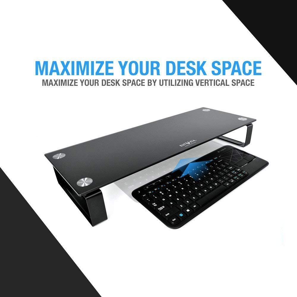 Eutuxia Type S Black Tempered Glass Monitor Stand, Tv, Laptop, Computer, All In One Desktop, Printer Riser [21.75 X 8.25 X 3.25 Inches]