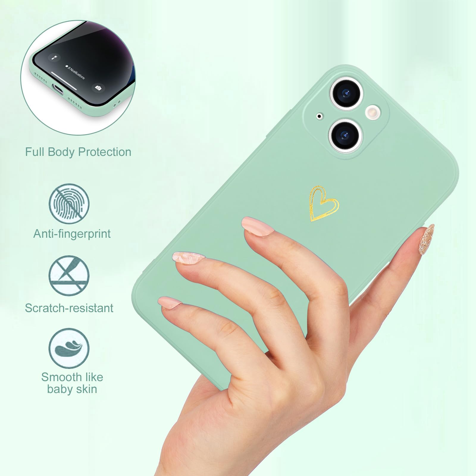 Wirvyuer For Iphone 14 Plus Case Cute Slim Shockproof Phone Case With Wireless Charging Support And Protection, Mint Green