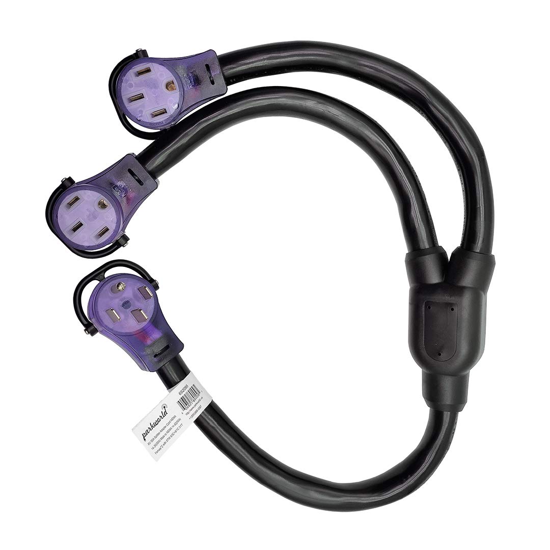 Parkworld 692095 Rv 50 Amp Splitter Adapter, 240V Splitter 14 50P Male Plug To Dual 14 50R Female Connector 3Ft (Black)