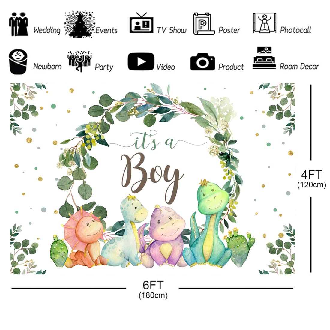 6X4Ft It'S A Boy Backdrop Baby Shower Cartoon Dinosaur Cactus And Eucalyptus Leaves Photography Background Kids Party Supplies C