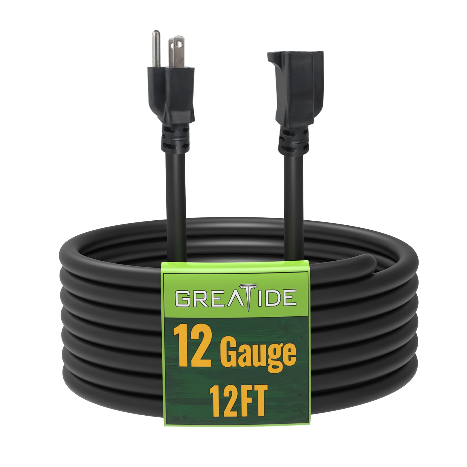 Greatide 12 Ft Outdoor Extension Cord   12/3 Sjtw Heavy Duty Black Extension Cable With 3 Prong Grounded Plug   Power Cord For L