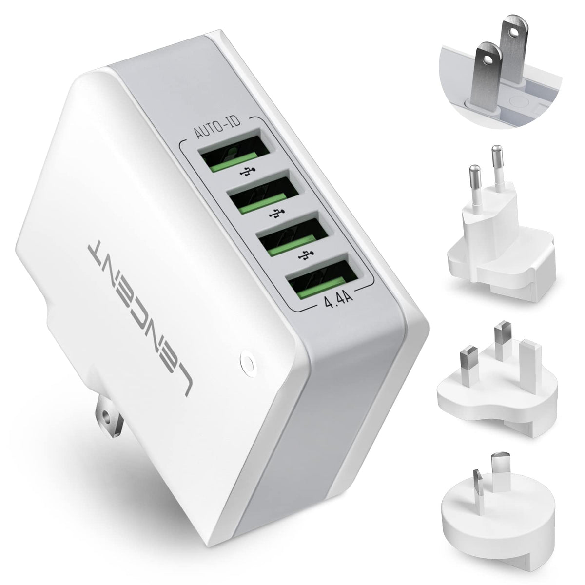 Lencent Multiple Usb Wall Charger, [22W/4.4A] 4 Port Usb Travel Power Adapter, All In One Worldwide Cell Phone Charger With Uk U