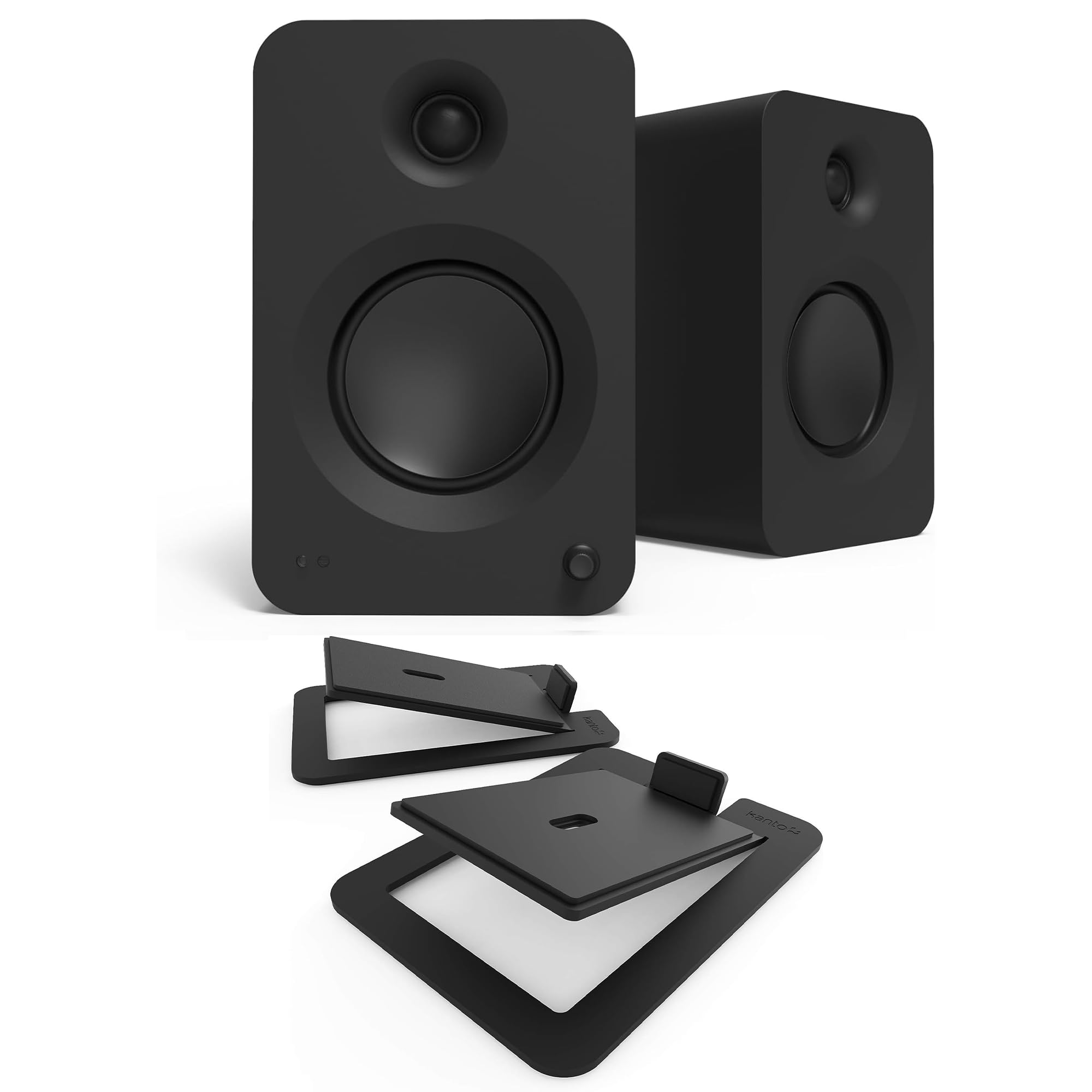 Kanto REN MB Bluetooth Powered Bookshelf Speakers - Matte Black Pair S6 Angled Desktop Speaker Stands for Large Speakers - Black