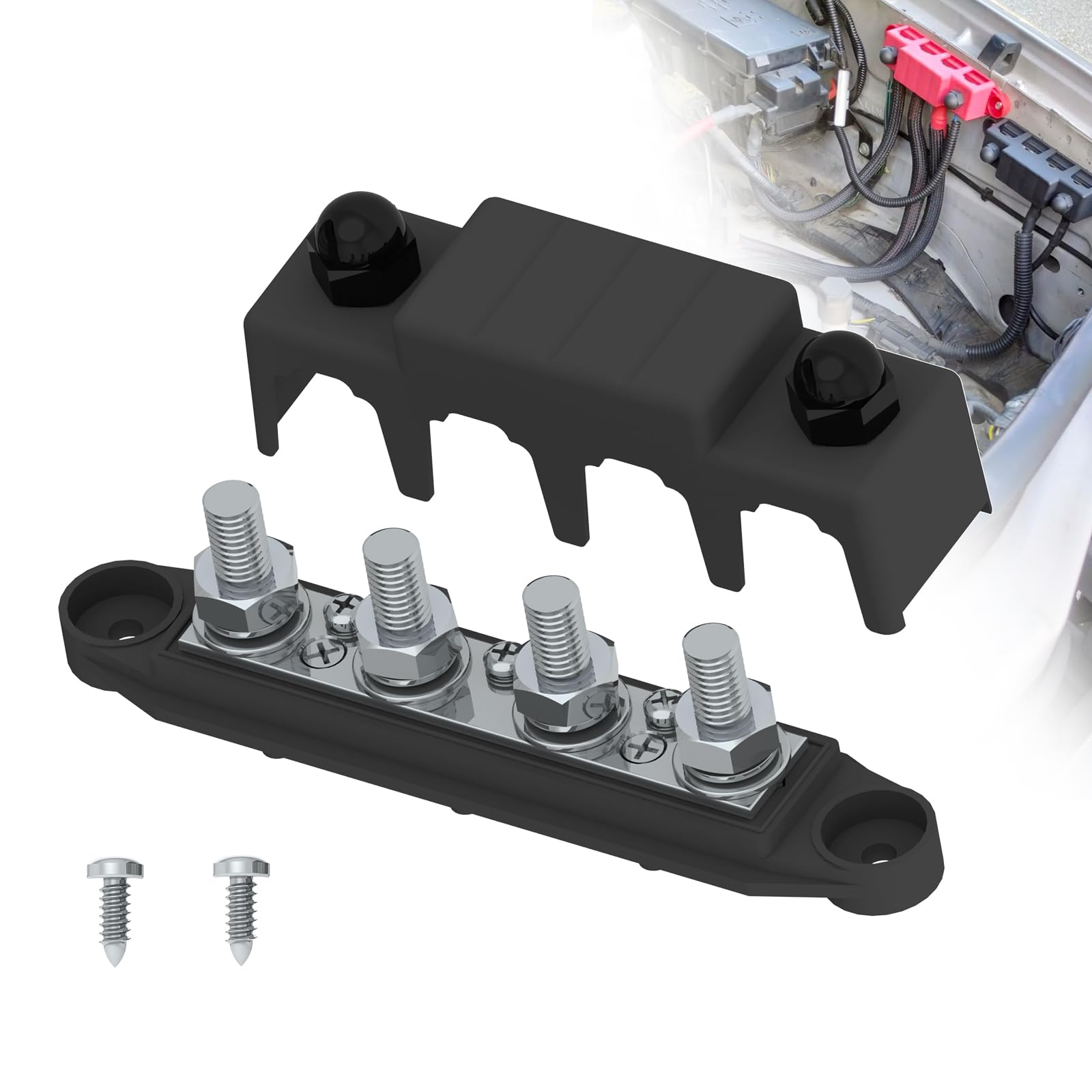 Bus Bar 250A 12V Power Distribution Block With 3/8'' (M10) 4 Posts Terminals Block With Cover For Automotive, Marine, Battery Sy