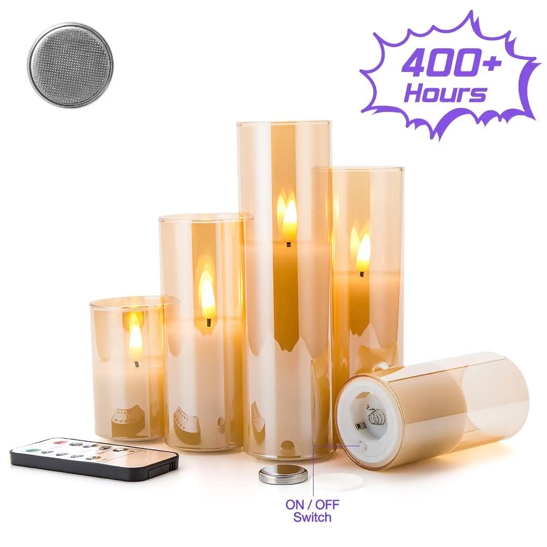 Eywamage 5 Pack Gold Glass Flameless Candles With Remote, Flickering Slim Tall Led Pillar Votive Candles Battery Included