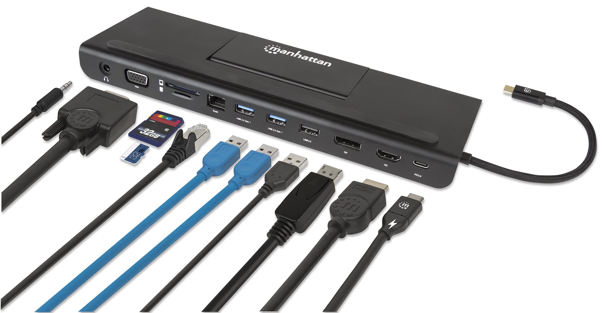 Manhattan Usb C 11 In 1 Docking Station  For 3 Display Monitors, Connect & Charge Devices Usb C To 4K Hdmi/Dp, 1080P Vga & 3 Usb